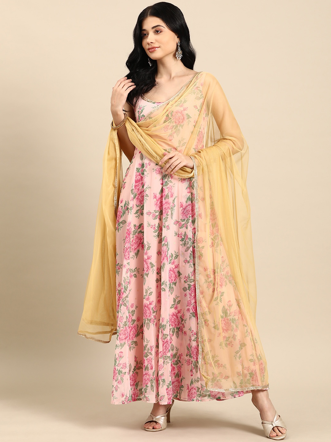 

all about you Pink & Mustard Yellow Floral Print A-Line Maxi Dress