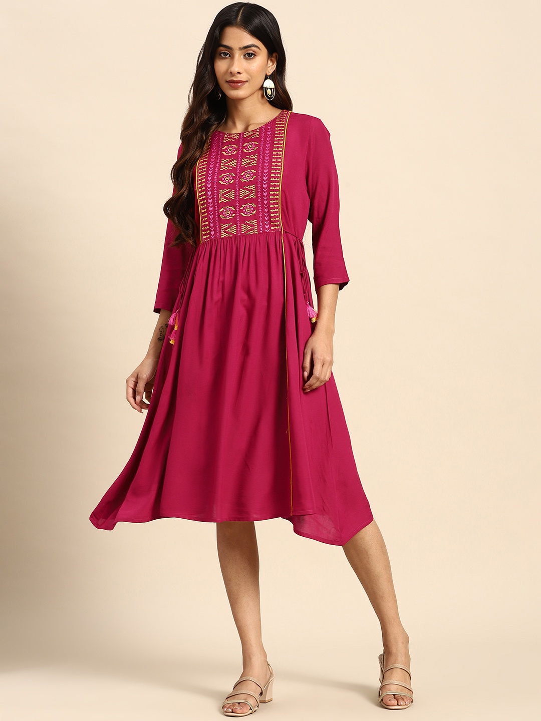 

all about you Embroidered A-Line Midi Ethnic Dress, Magenta