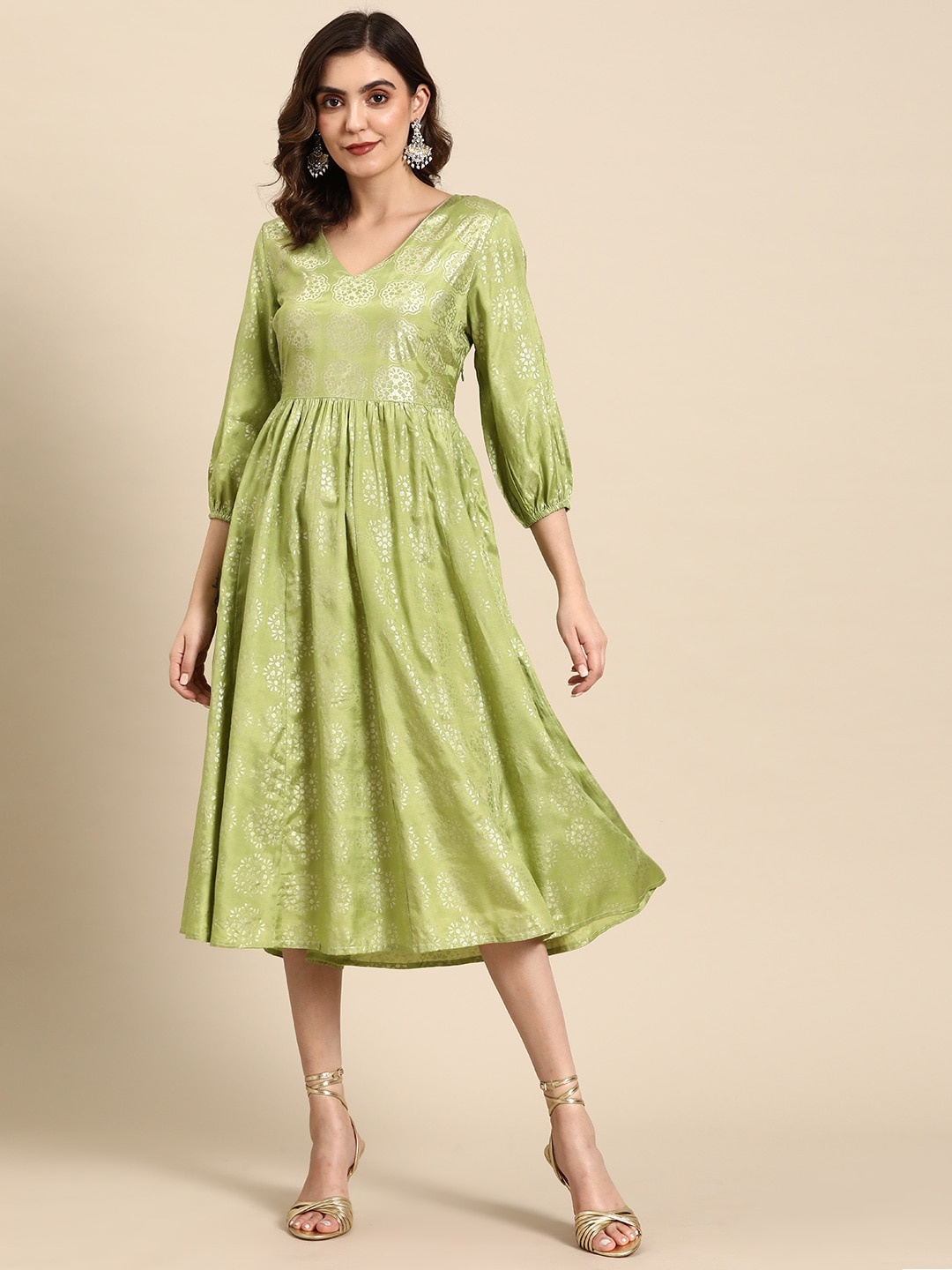

all about you Foil Print Midi Ethnic Dress, Green