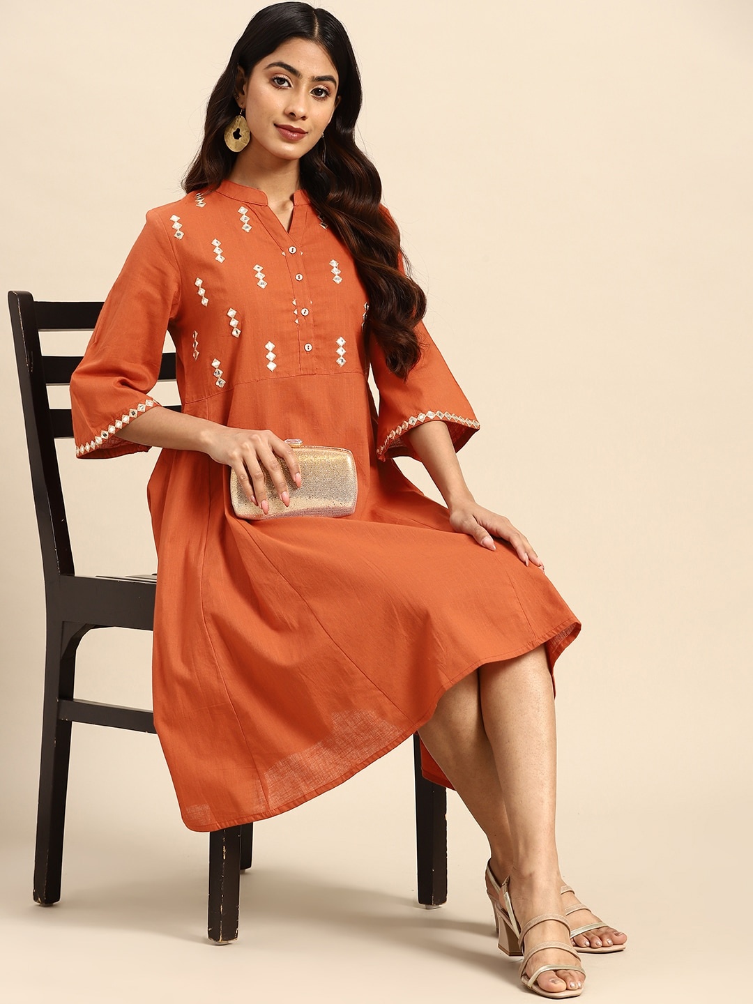 

all about you Mirror Work Embroidered Pure Cotton A-Line Midi Ethnic Dress, Rust