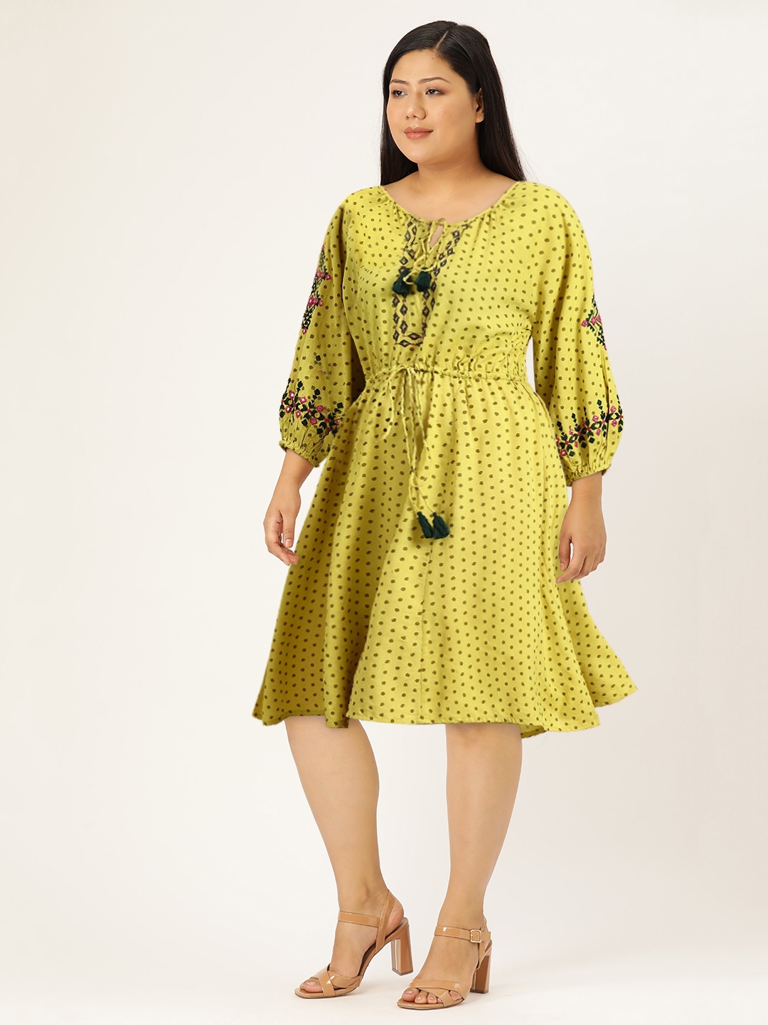 

Routes by All About You Polka Dots Print Embroidered Detail A-Line Dress, Lime green