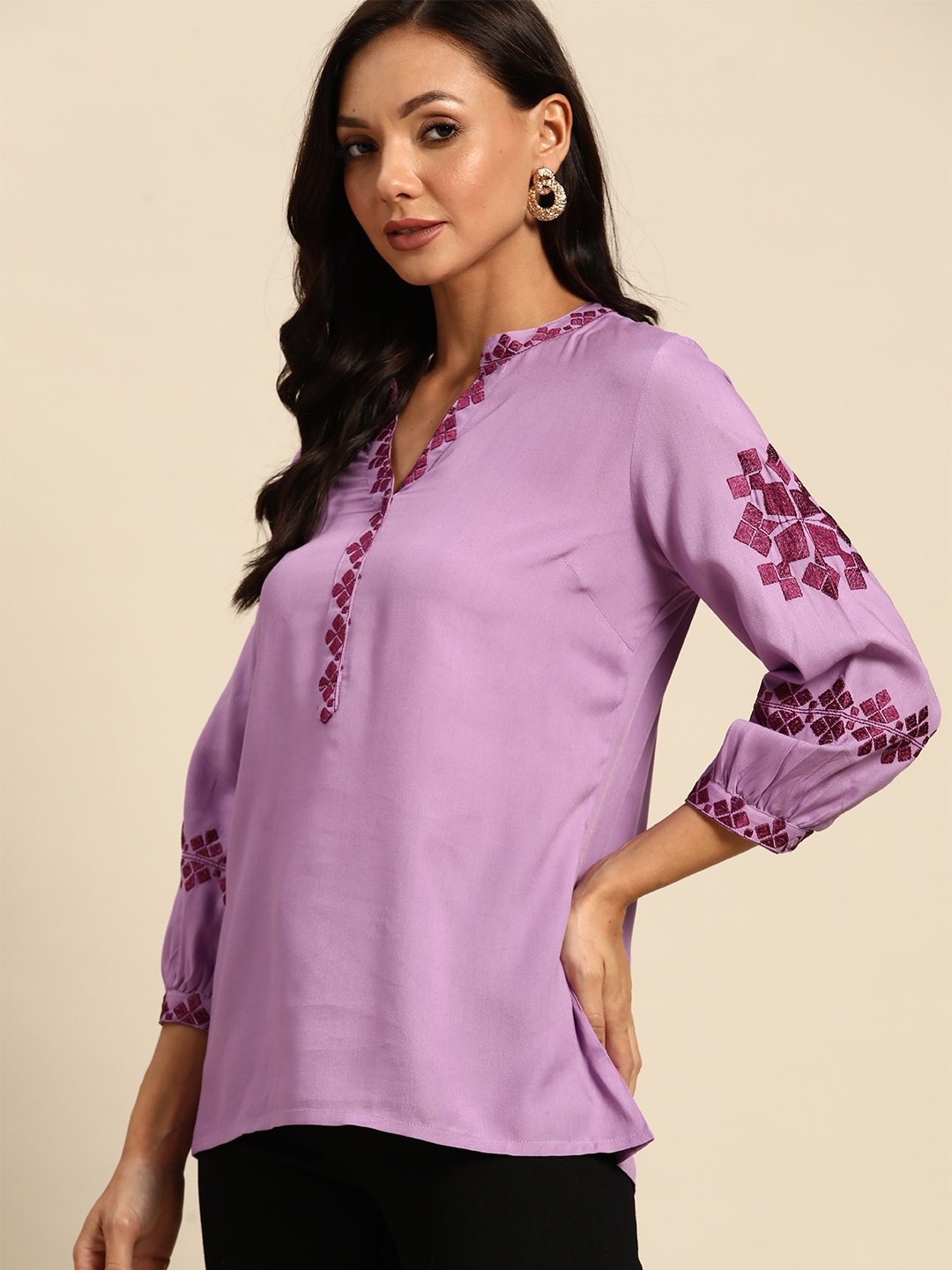 

all about you Embroidered Puff Sleeves Tunic, Lavender