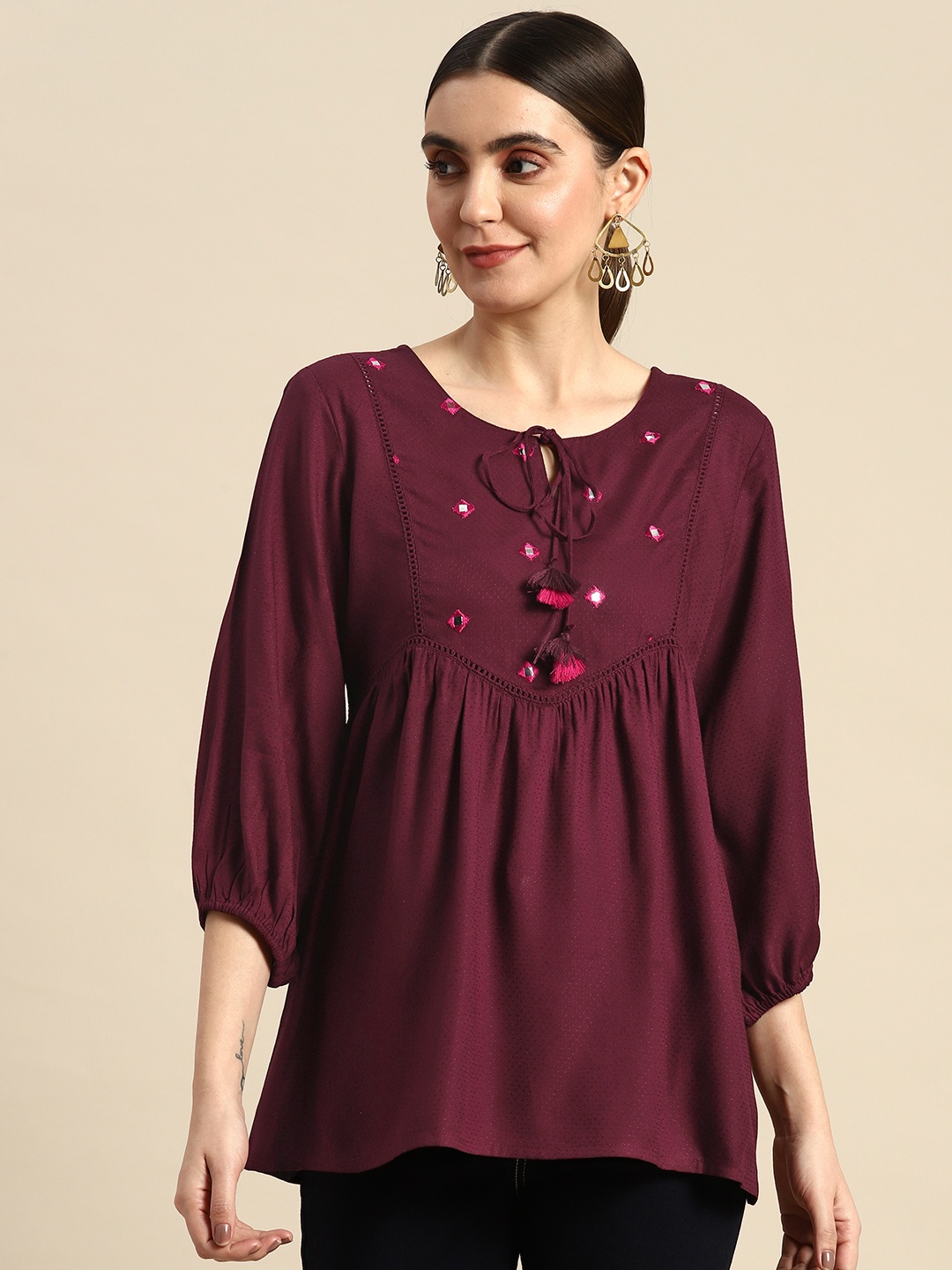 

all about you Embroidered Mirror Work Tie-Up Neck Pleated Kurti, Burgundy