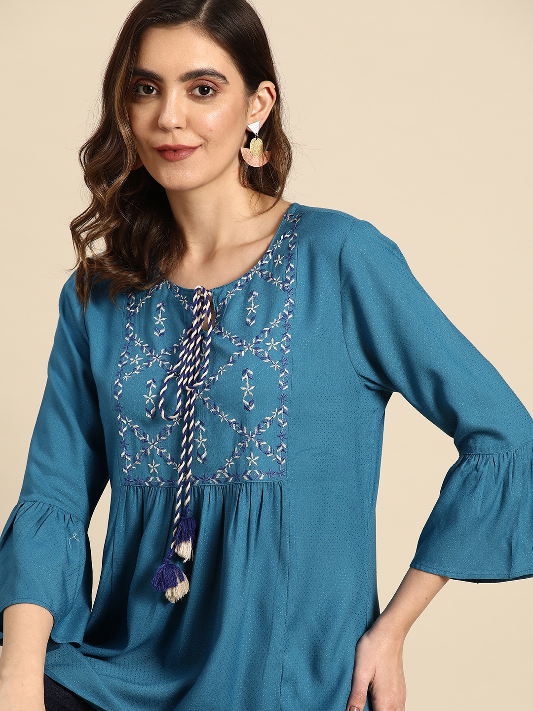 

all about you Woven Design Tie-Up Neck Bell Sleeves Kurti with Embroidered Yoke, Teal