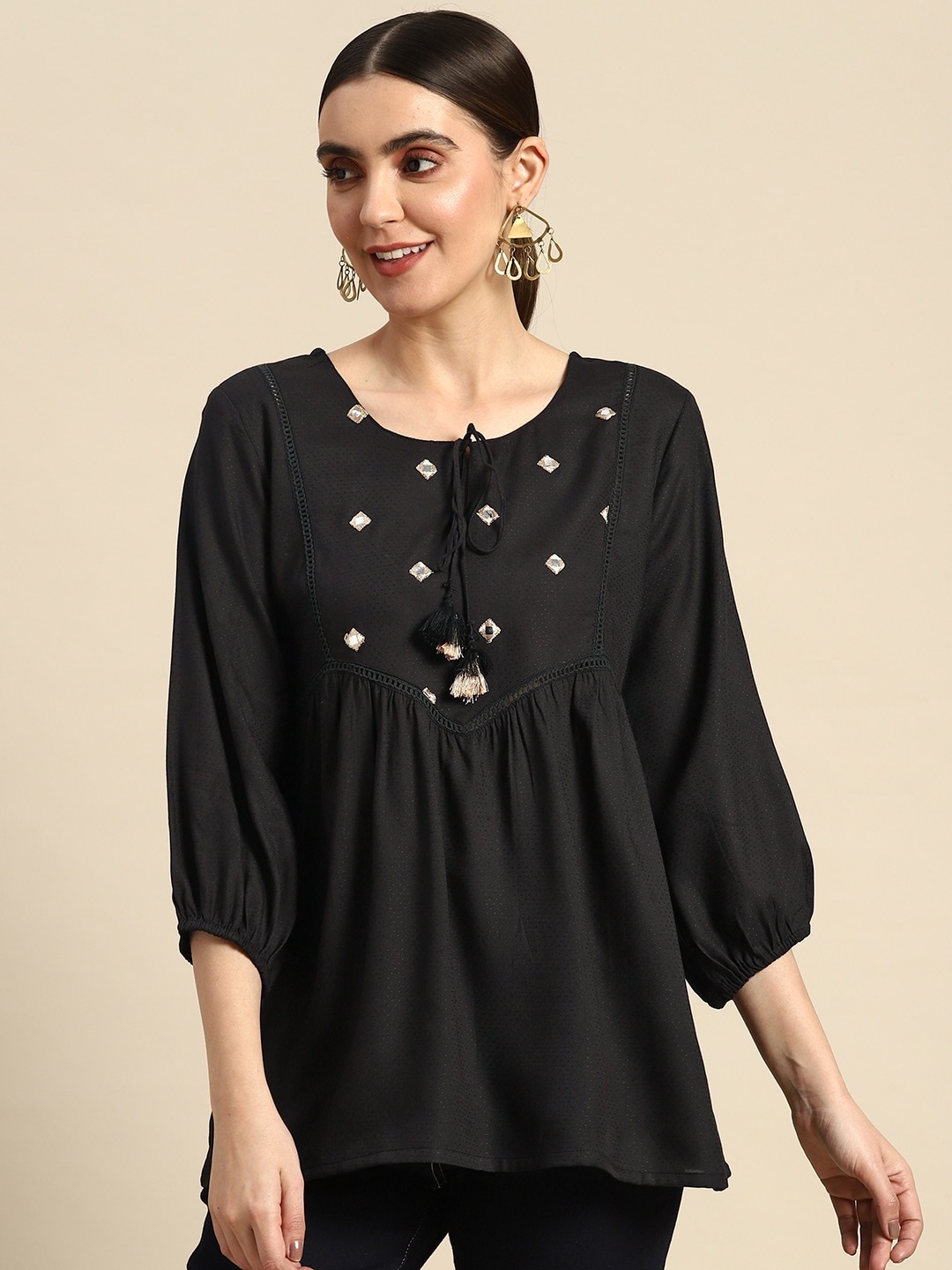 

all about you Embroidered Mirror Work Tie-Up Neck Pleated Short Kurti, Black