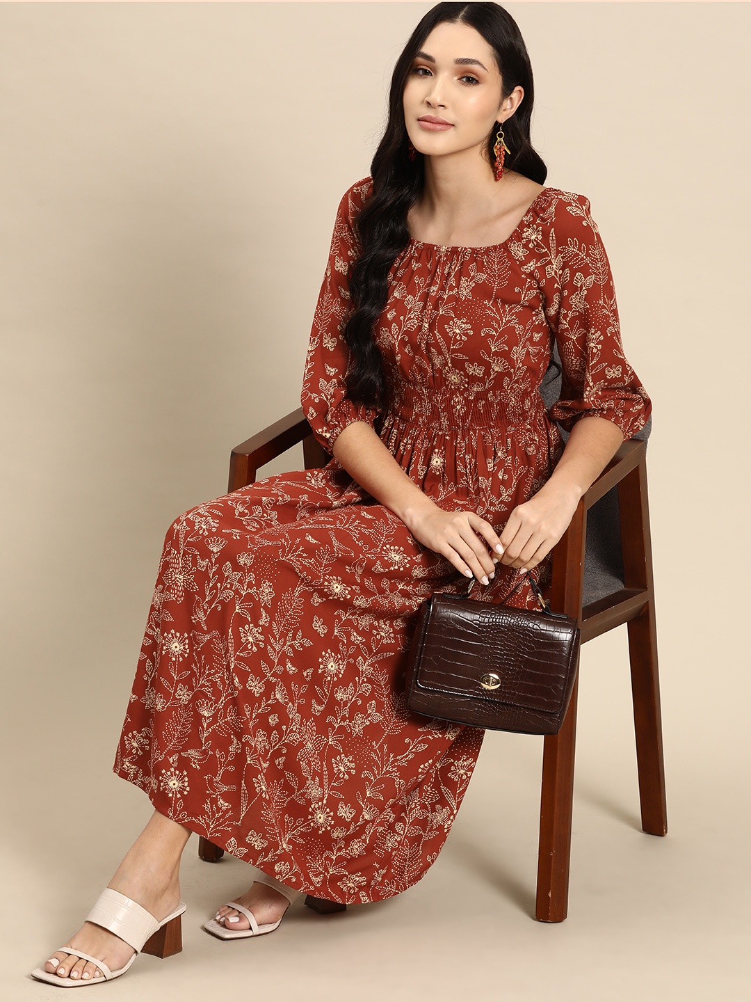 

all about you Floral Print Square Neck A-Line Midi Dress, Rust