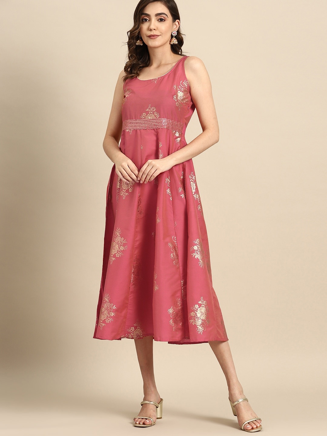 

all about you Ethnic Motifs Print Sequin Detail A-Line Midi Dress, Rose