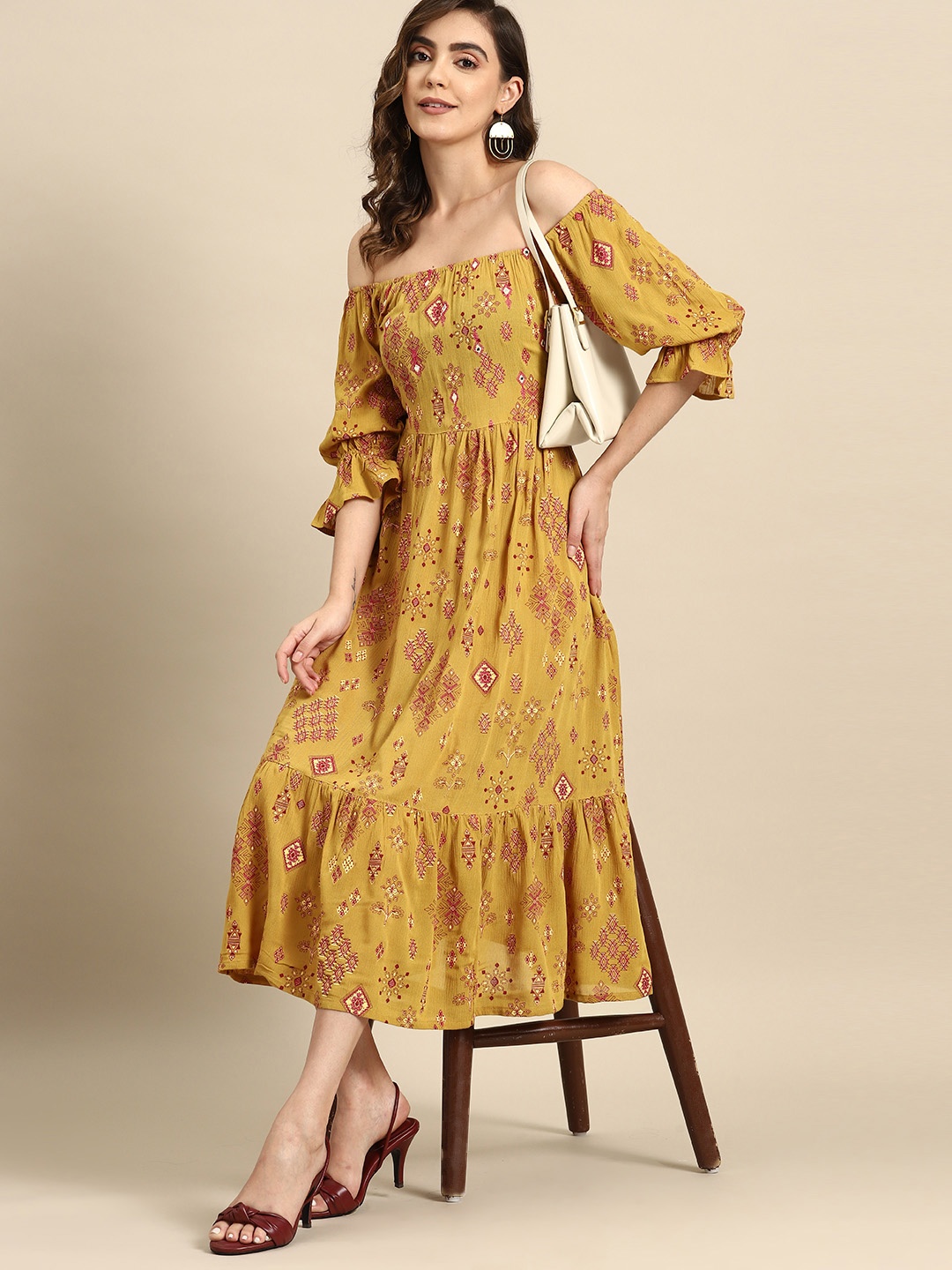 

all about you Ethnic Print Off-Shoulder Mirror Work Detail Midi Dress, Mustard