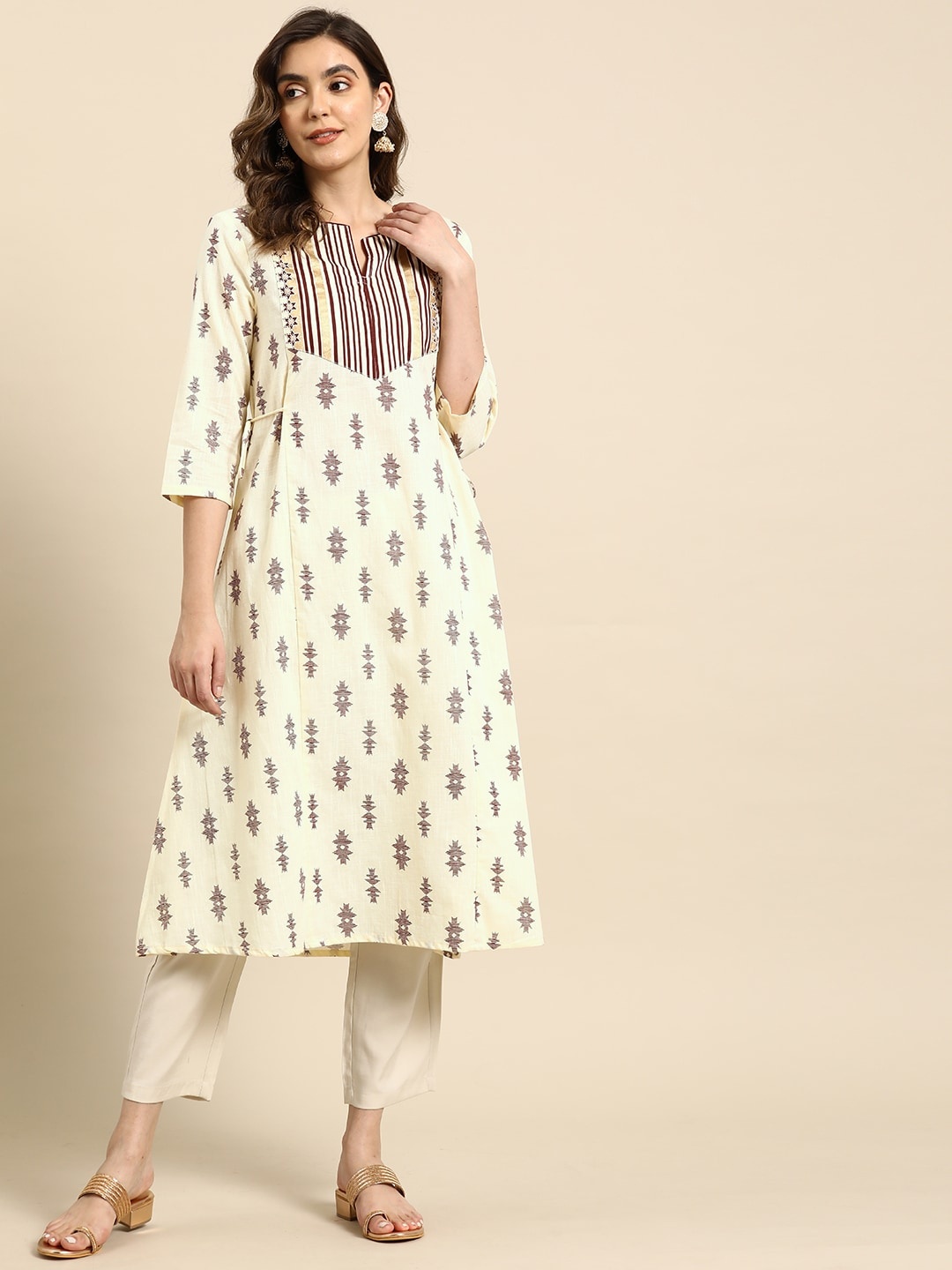 

all about you Pure Cotton Tie-Up Detailed Printed A-line Kurta, Cream