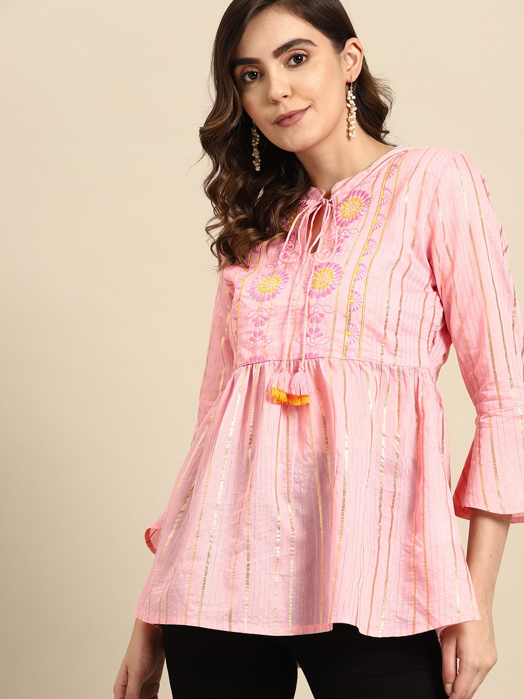 

all about you Floral Embroidered Bell Sleeves Pleated Kurti, Pink