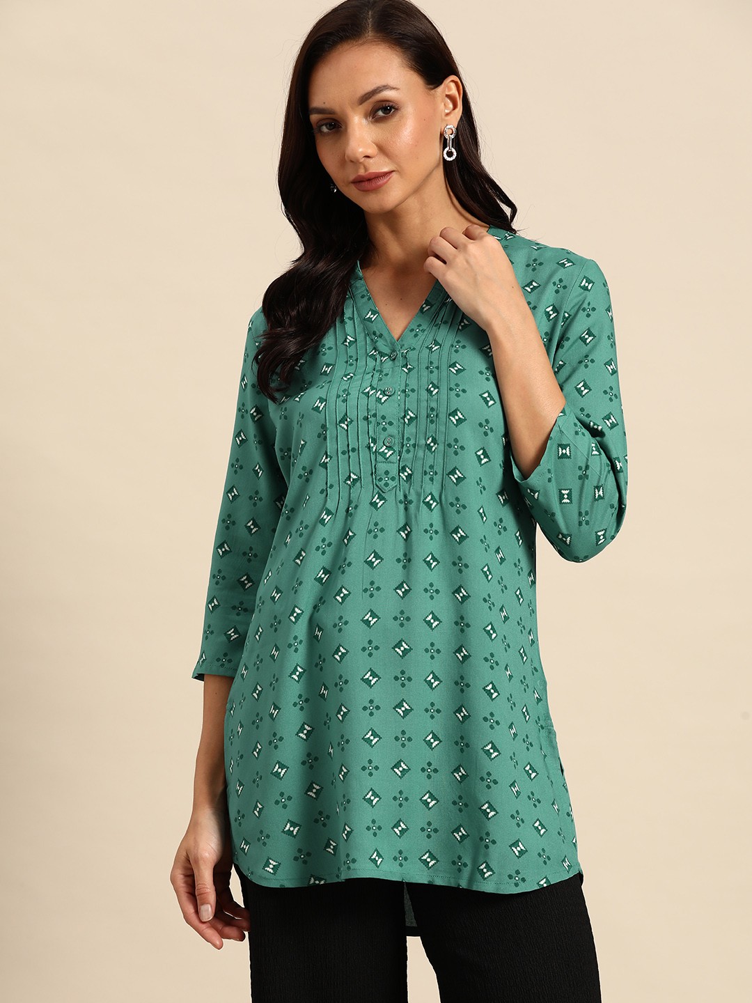 

all about you Geometric Printed Kurti, Green