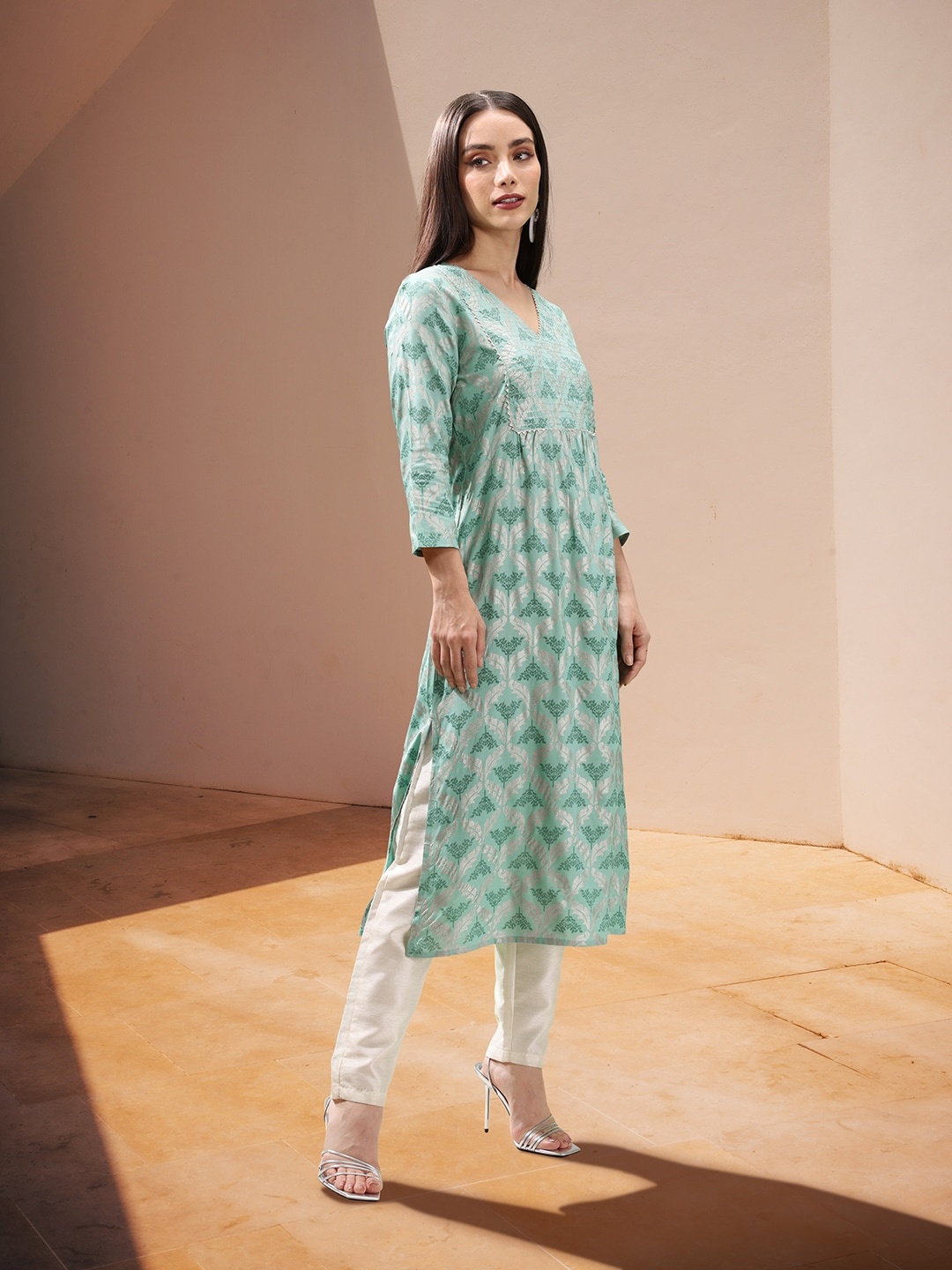 

all about you Ethnic Motifs Printed Gotta Patti Detail A-Line Kurta, Sea green