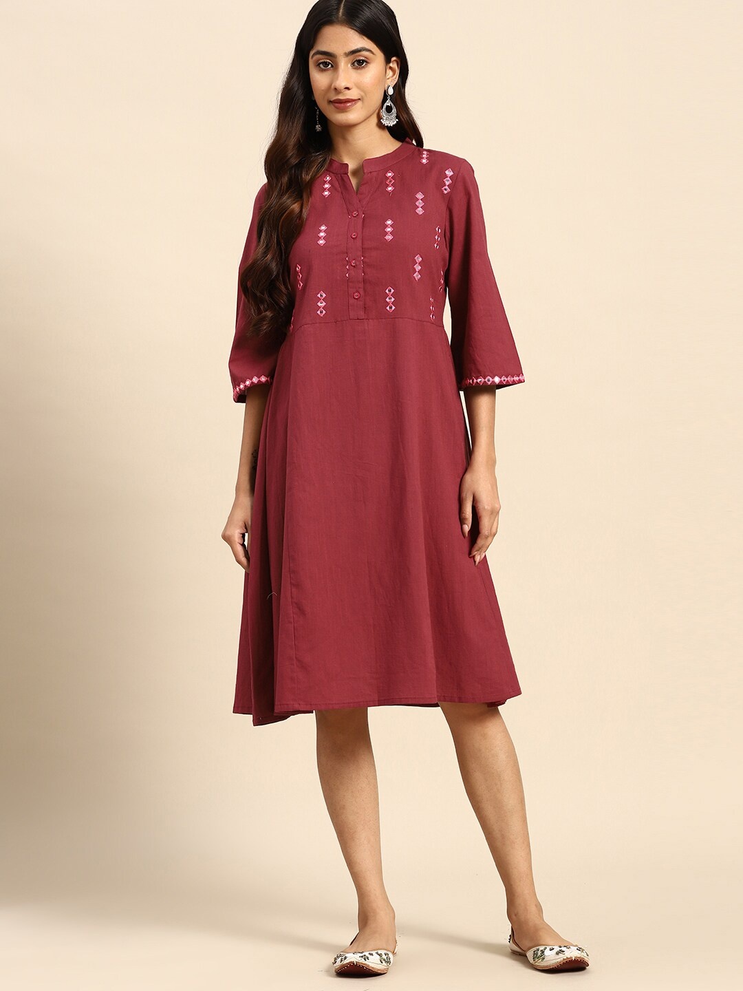 

all about you Mirror Work Embroidered Pure Cotton A-Line Midi Ethnic Dress, Maroon