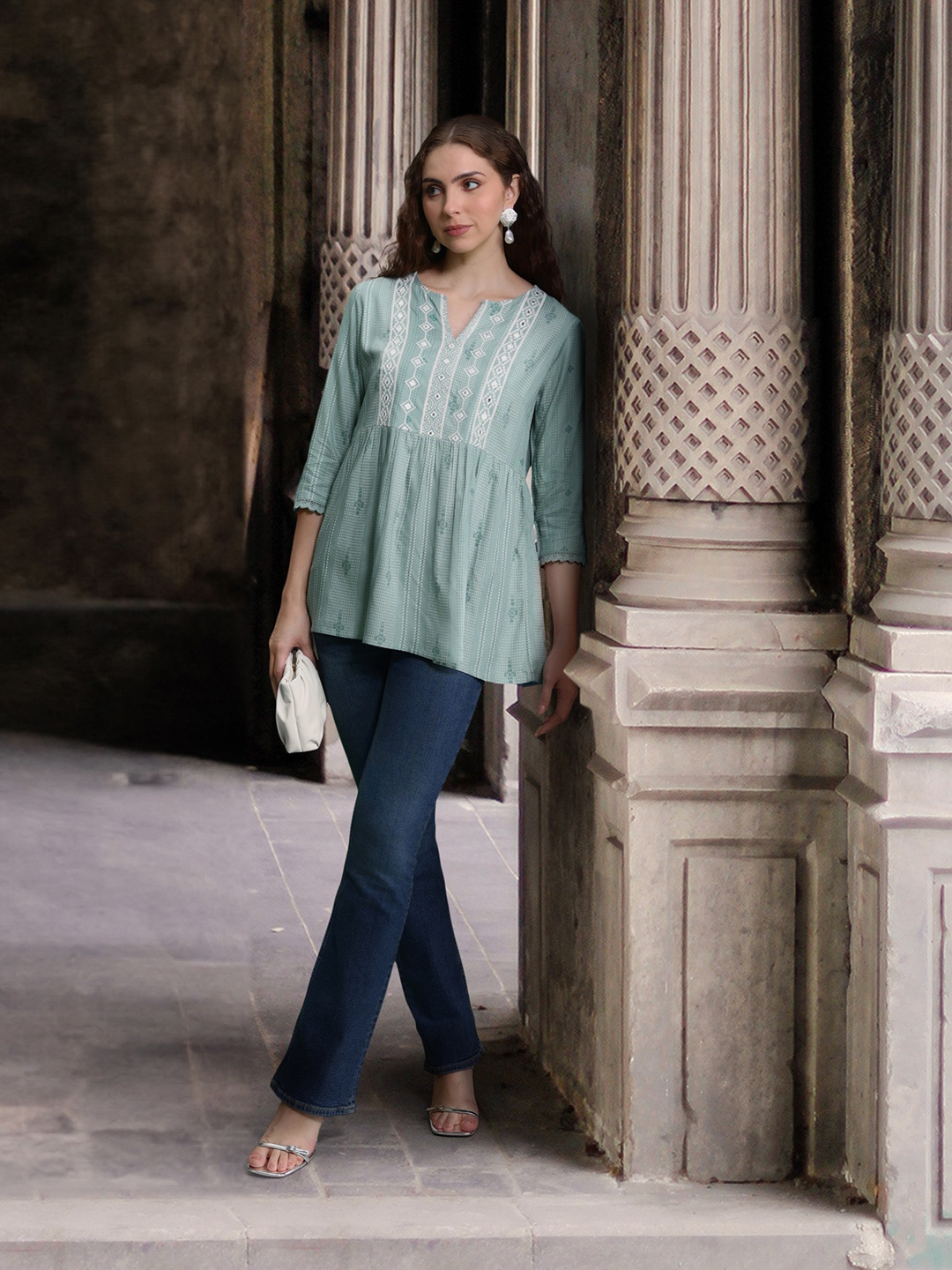 

all about you Ethnic Motifs Printed Mirror Work A-Line Short Kurti with Gathered Waist, Sea green