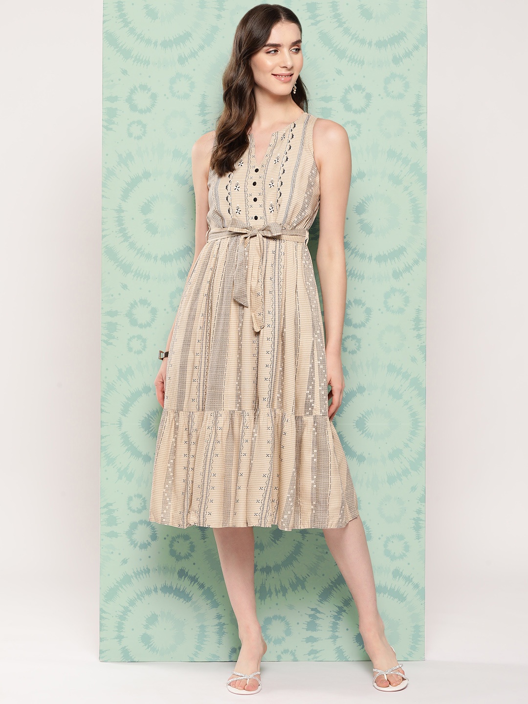 

all about you Striped A-Line Midi Dress, Beige