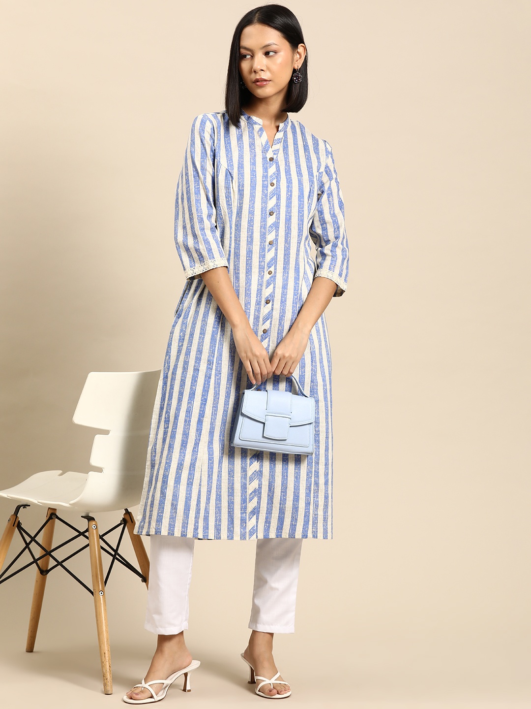 

all about you Pure Cotton Striped Kurta, Navy blue