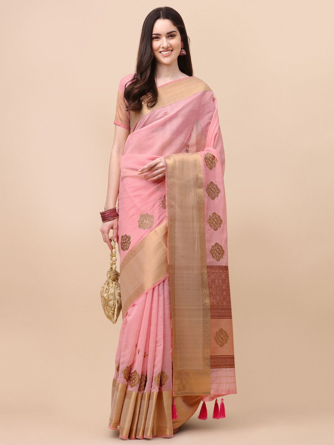 

Mitera Woven Design Zari Organza Saree, Pink