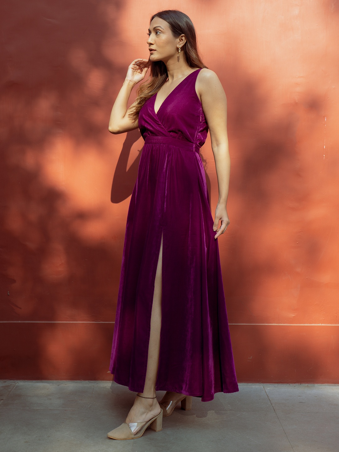 

trueBrowns V-Neck Velvet Maxi Dress, Violet