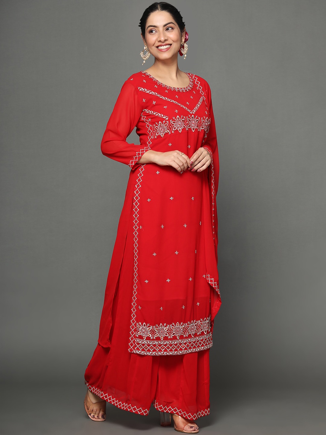 

Ziva Fashion Women Floral Embroidered Thread Work Kurta with Palazzos & With Dupatta, Red