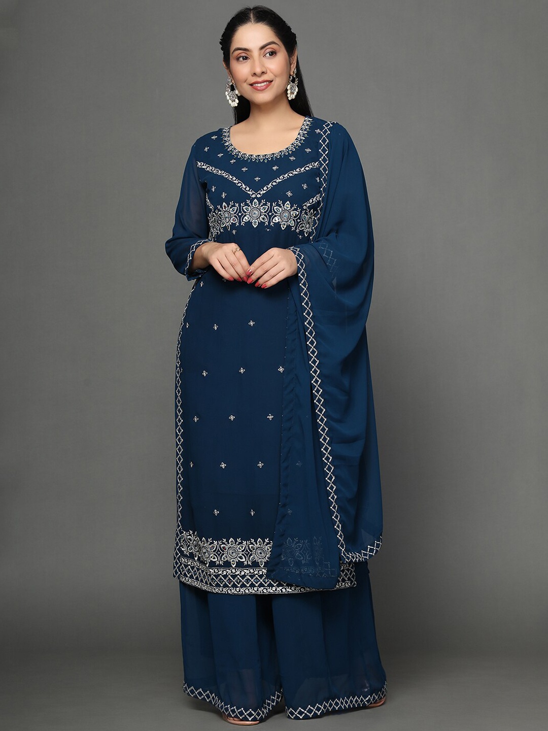 

Ziva Fashion Women Ethnic Motifs Embroidered Thread Work Kurta with Sharara & With Dupatta, Blue