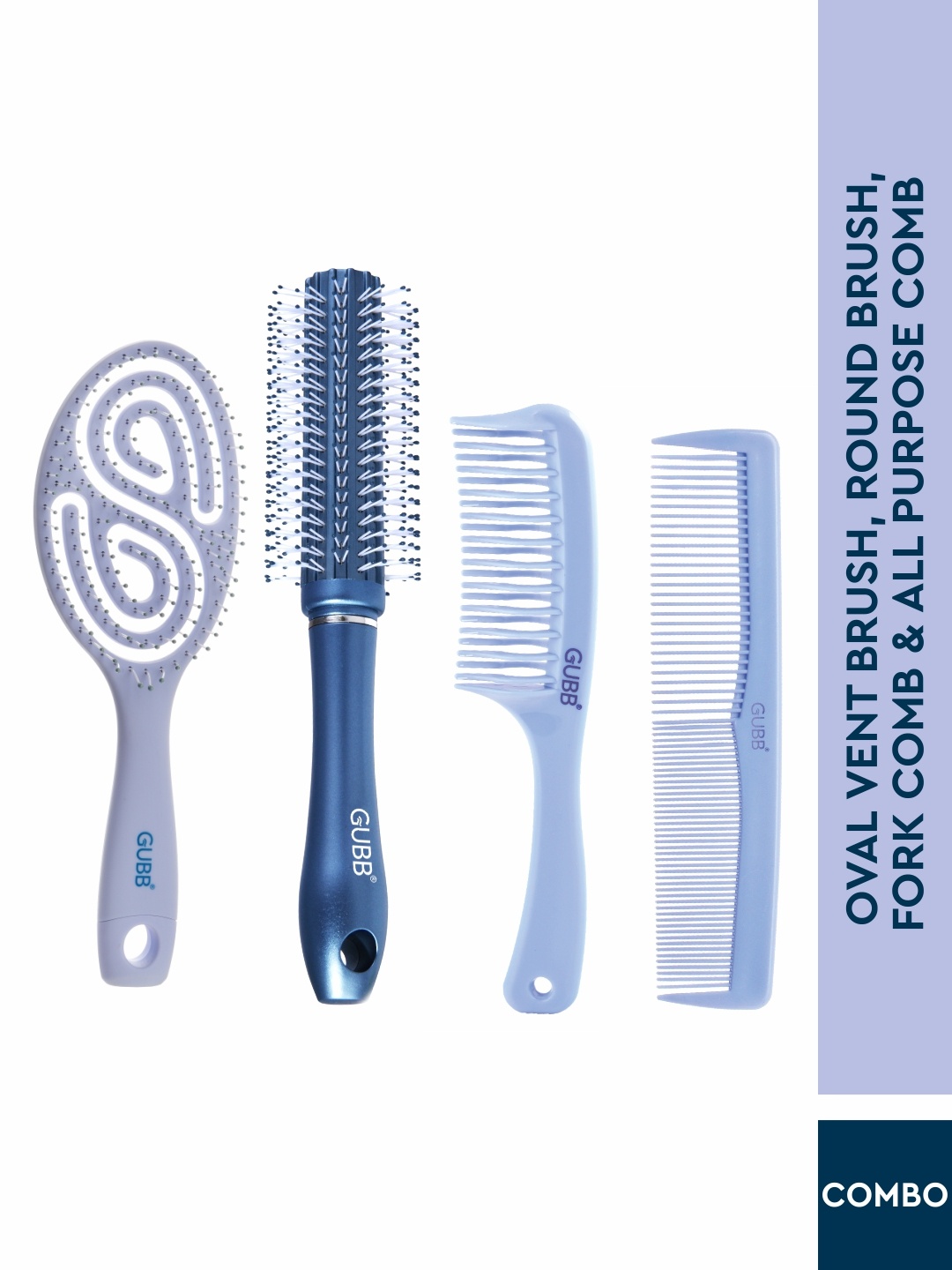 

GUBB Multipurpose Hair Brushes - Oval Vent Brush + Round Brush + Fork Comb + Regular Comb, Blue