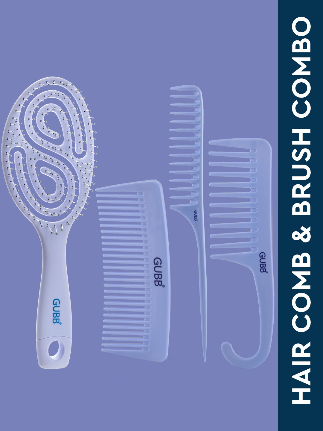 

GUBB Multipurpose Hair Brushes - Oval vent Brush + Travel Comb + Pin Tail Comb + Hook Comb, Blue