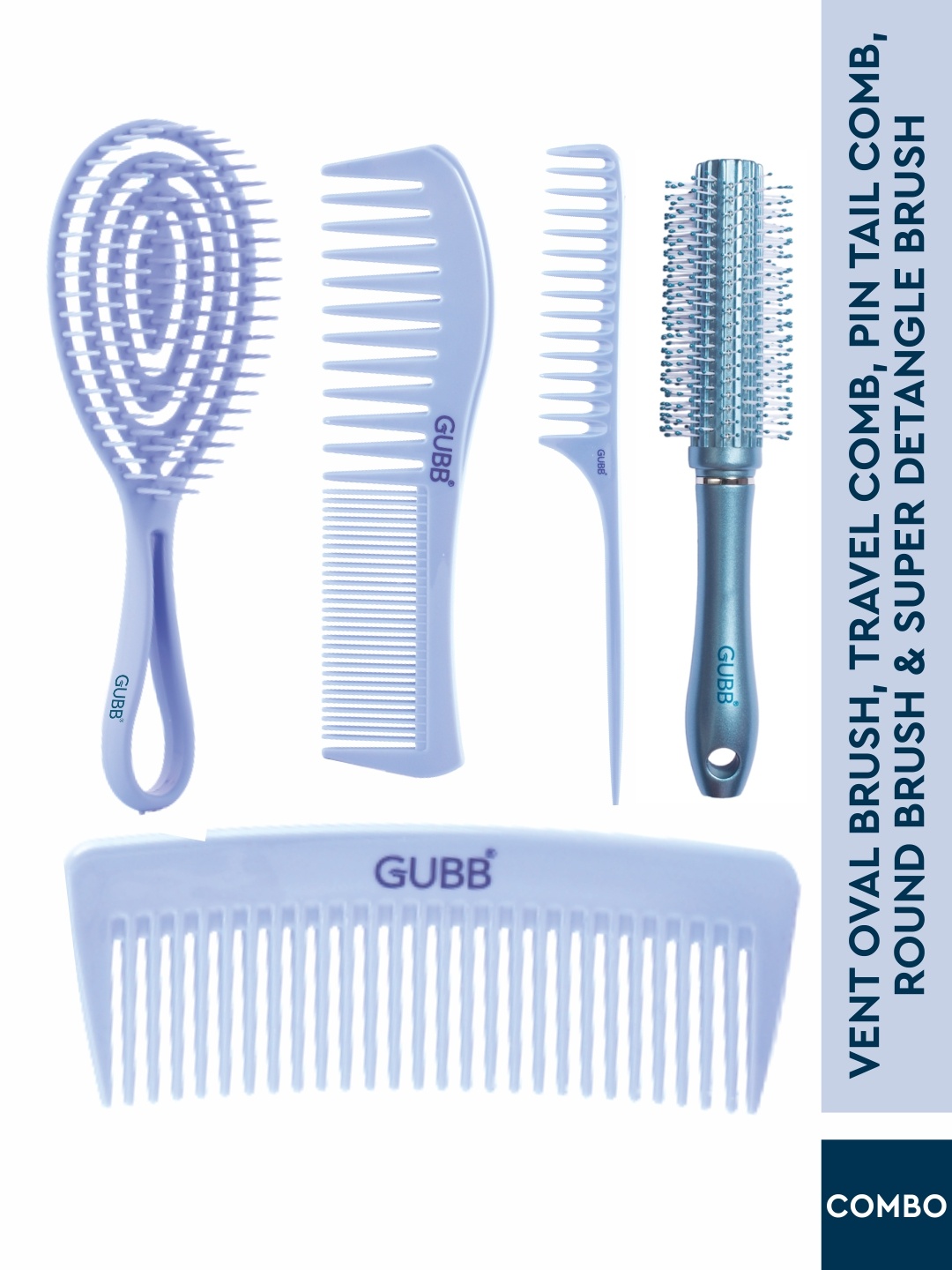 

GUBB Set of Vent Oval Brush+Travel Comb+Pin Tail Comb+Round Brush+Super Detangle Brush, Blue