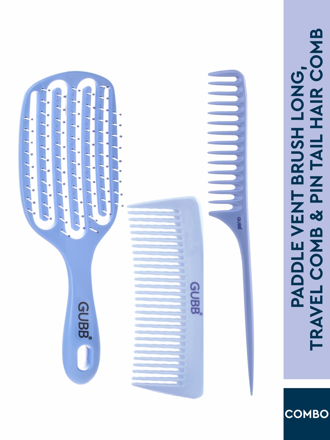 

GUBB Multipurpose Hair Brush - Paddle Vent Long Brush + Travel Comb + Pin Tail Hair Comb, Blue