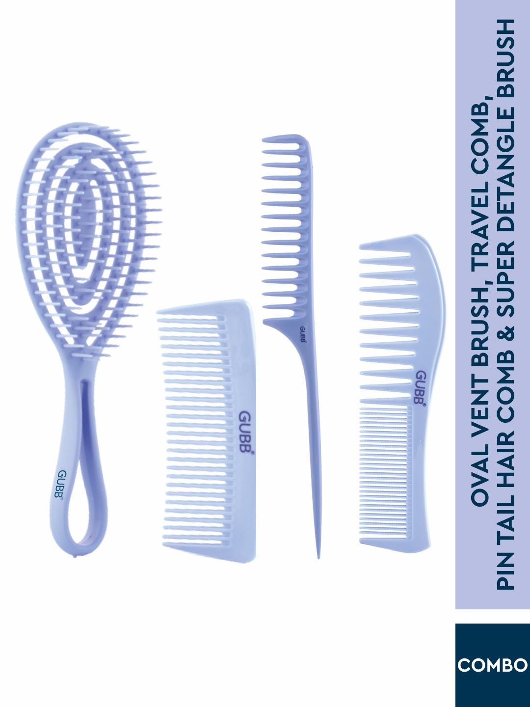 

GUBB Set of Oval Vent Brush+Travel Comb+Pin Tail Comb+Super Detangle Brush, Blue