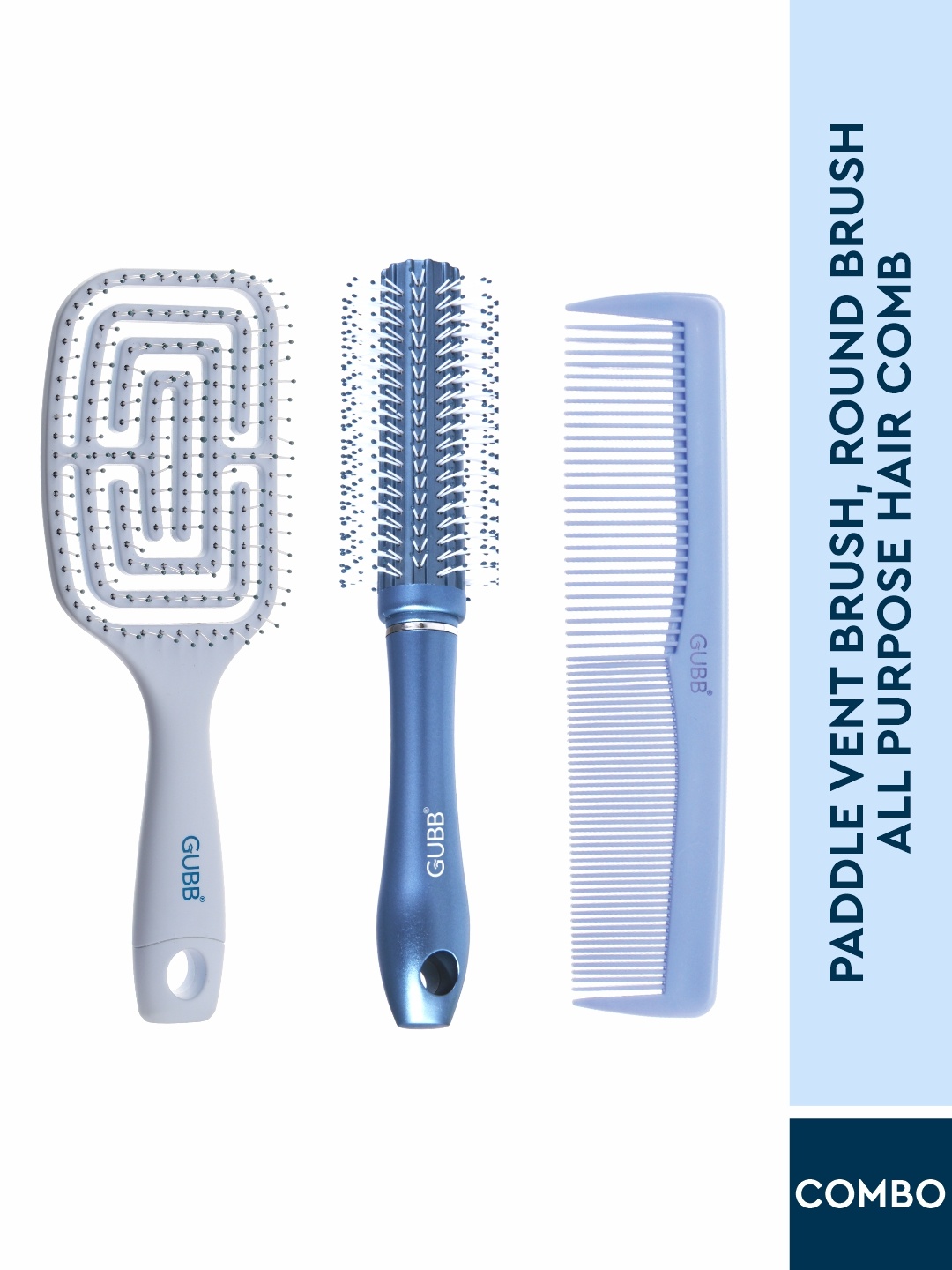 

GUBB Multipurpose Hair Brush-Paddle Vent Brush + Round Brush + Regular Comb, Blue