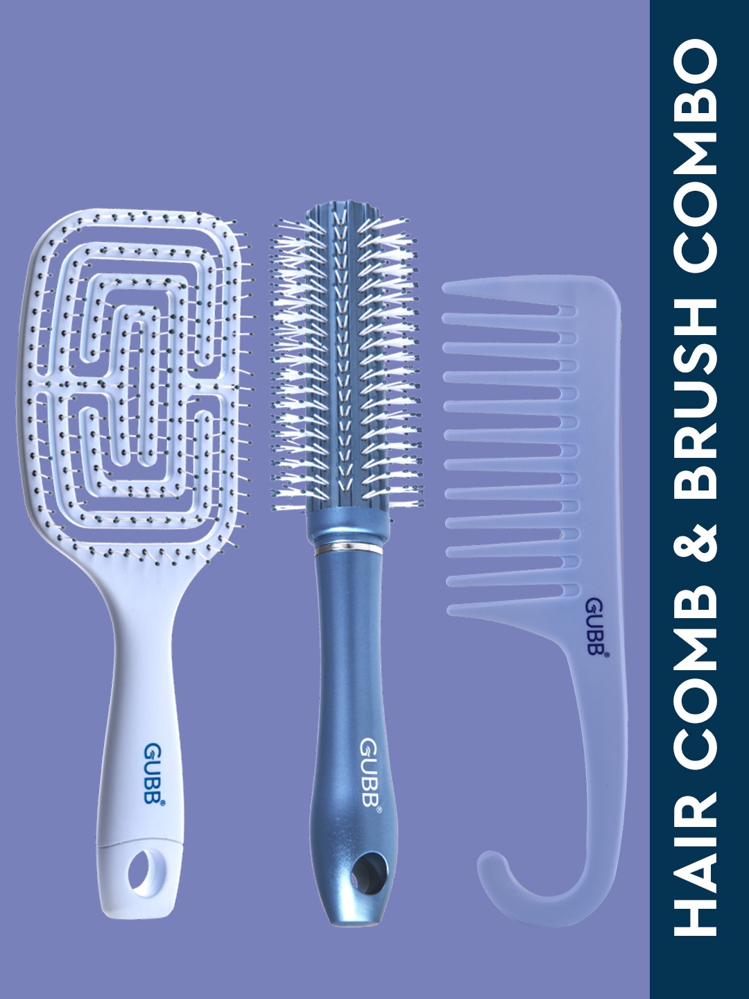 

GUBB Multipurpose Hair Brush-Paddle Vent Brush + Hook Hair Comb + Round Brush, Blue