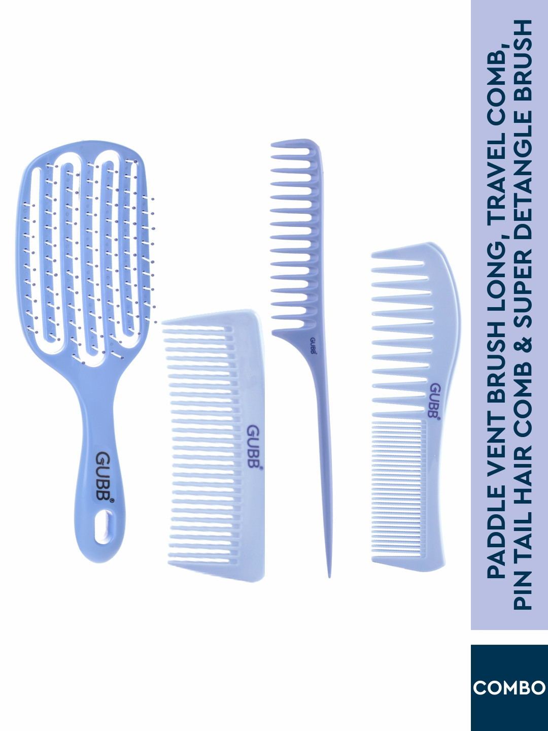 

GUBB Set of Paddle Vent Long Brush+Travel Comb+Pin Tail Hair Comb+Super Detangle Brush, Blue