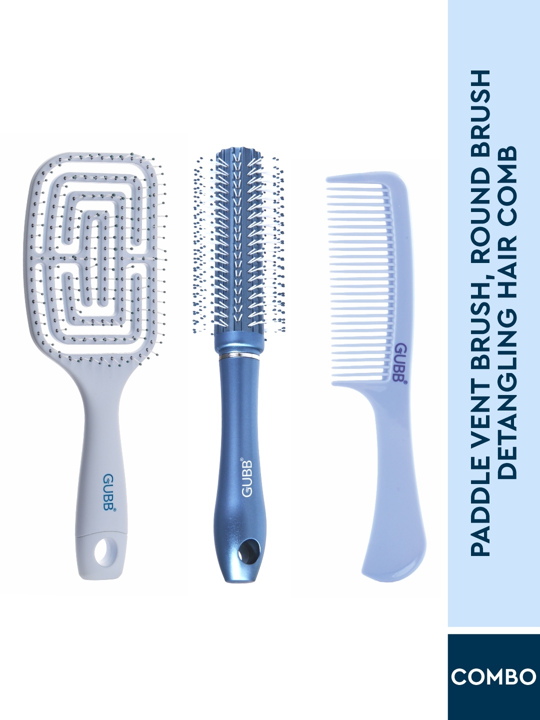 

GUBB Set of Paddle Vent Hair Brush + Round Brush + Detangling Hair Comb, Blue