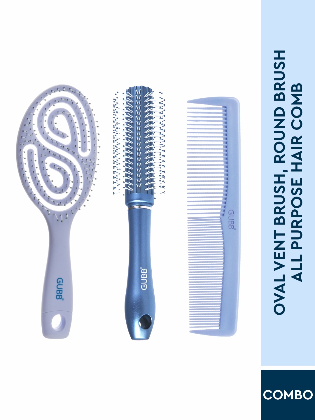 

GUBB Set of Oval Vent Brush + Round Brush + All Purpose Hair Comb, Blue