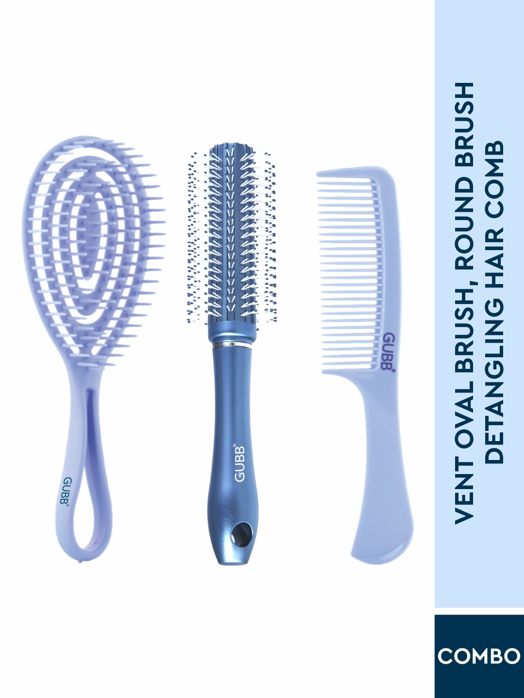 

GUBB Set of Vent Oval Brush + Round Brush + Detangling Hair Comb, Blue