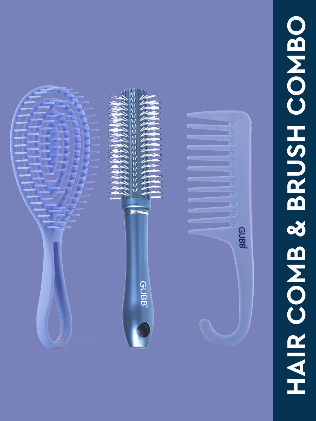 

GUBB Set of Vent Oval Brush + Hook Hair Comb + Round Brush, Blue