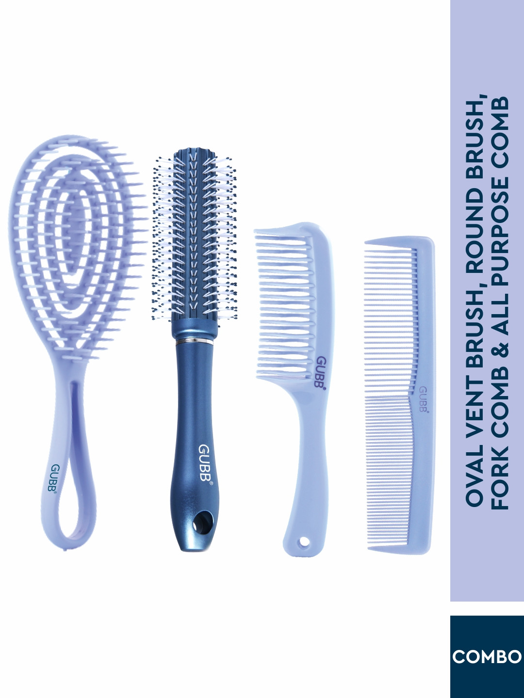 

GUBB Set of Oval Vent Brush + Round Brush + Fork Comb + All Purpose Comb, Blue