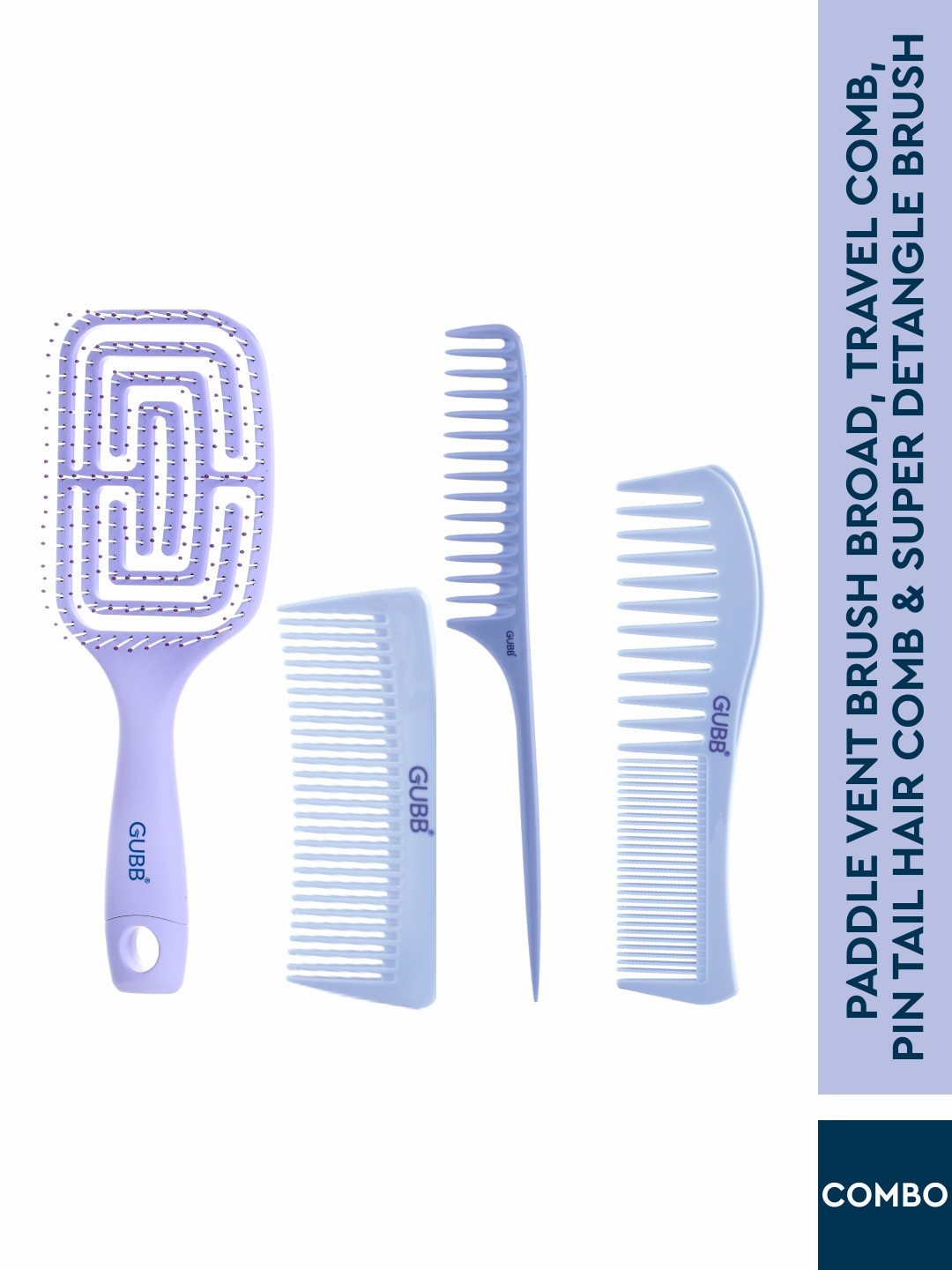 

GUBB Set of Paddle Vent Broad Brush+Travel Comb+Pin Tail Hair Comb+Super Detangle Brush, Blue