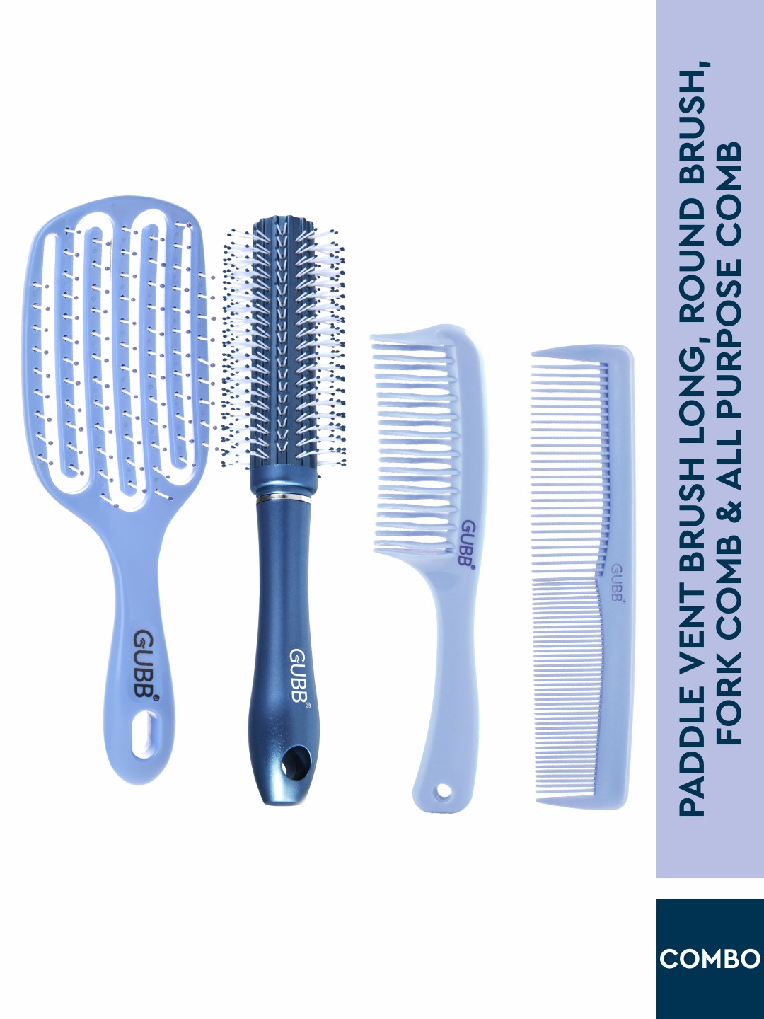 

GUBB Set of Paddle Vent Long Brush + Round Brush + Fork Comb + All Purpose Comb, Blue