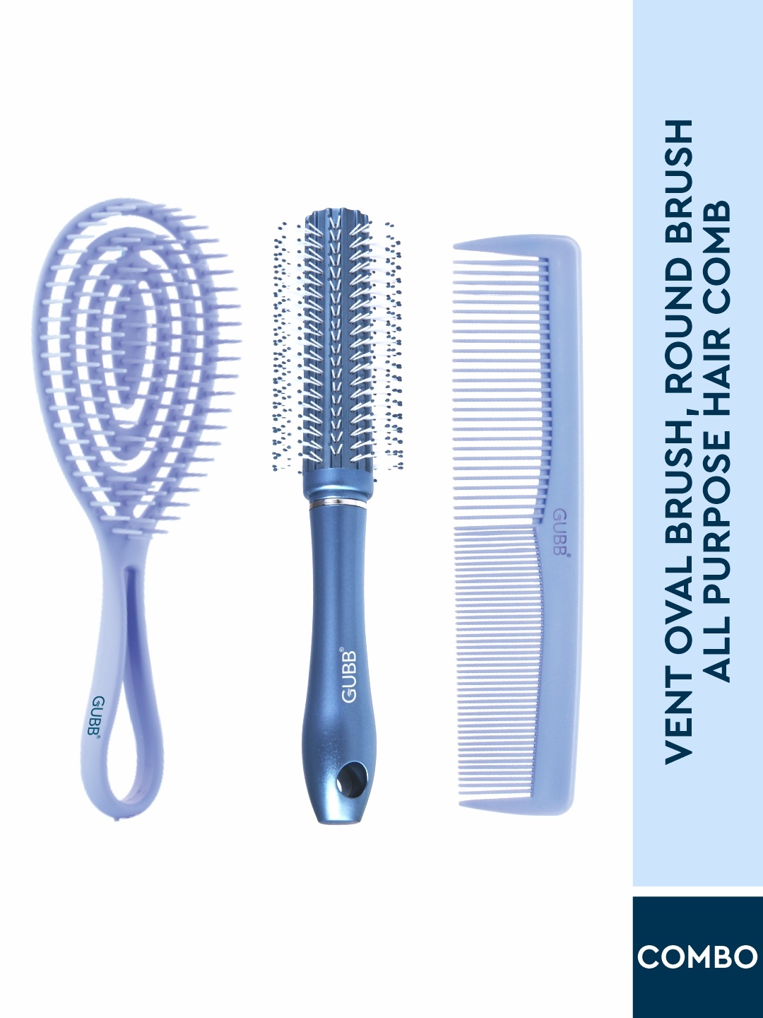 

GUBB Set of Vent Oval Brush + Round Brush + All Purpose Hair Comb, Blue