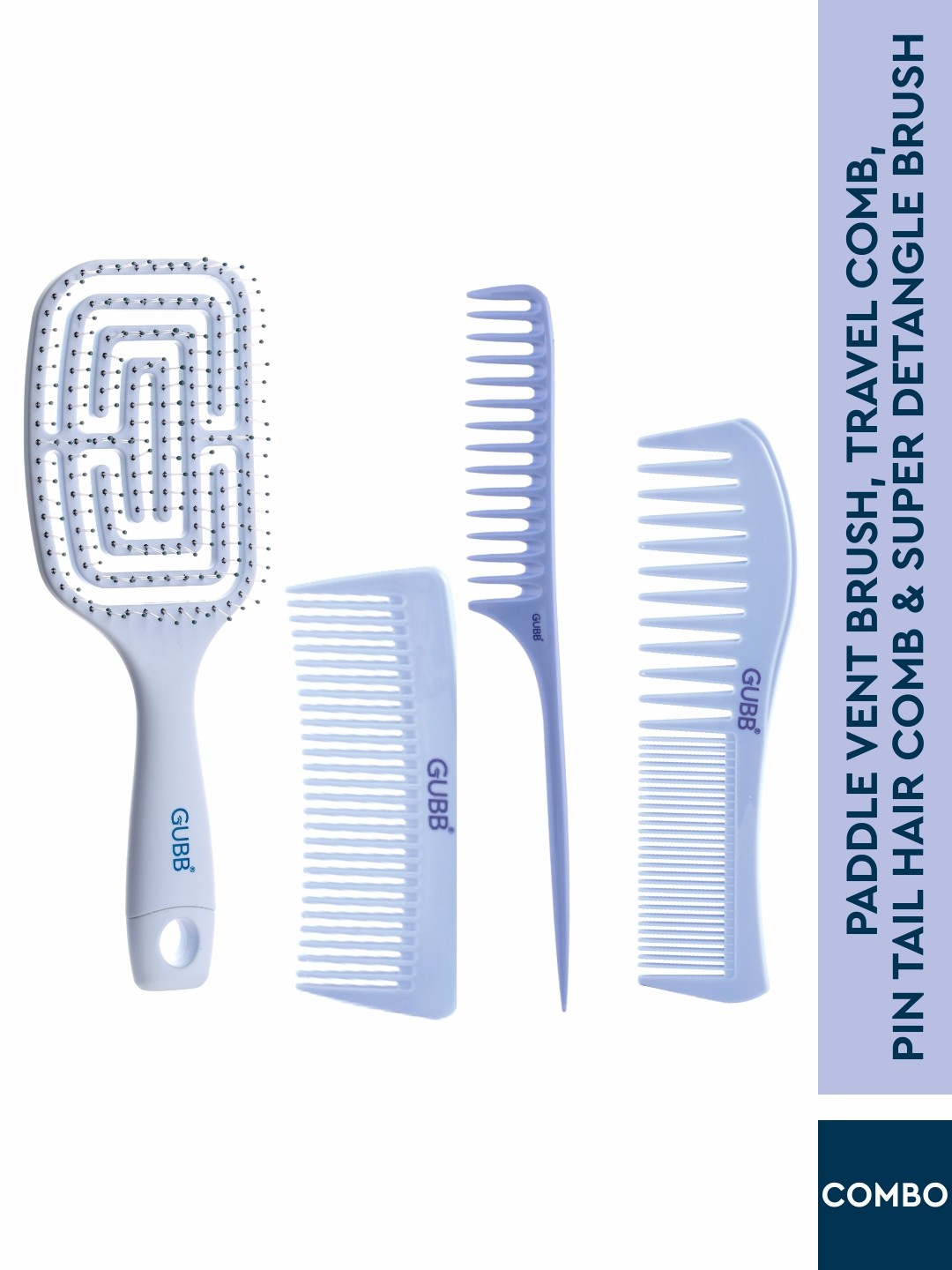 

GUBB Set of Paddle Vent Brush + Travel Comb + Pin Tail Hair Comb + Super Detangle Brush, Blue