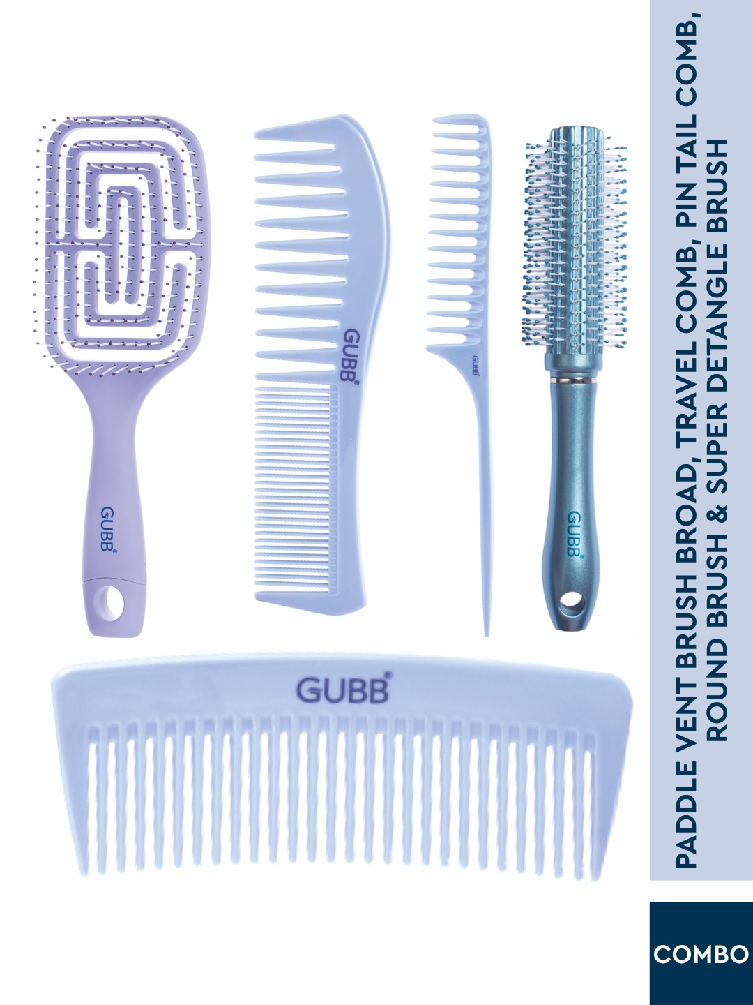 

GUBB Paddle Vent Broad Brush+Travel Comb+Pin Tail Comb+Round Brush+Super Detangle Comb, Blue