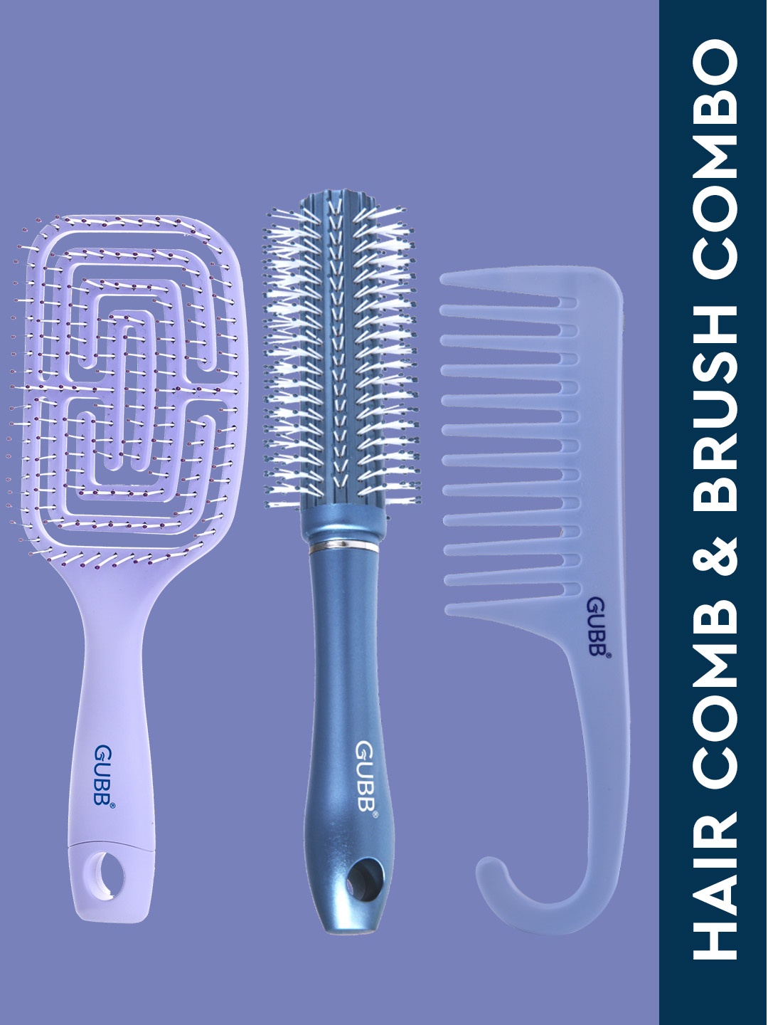 

GUBB Set of Paddle Vent Broad Brush + Hook Hair Comb + Round Hair Brush, Blue