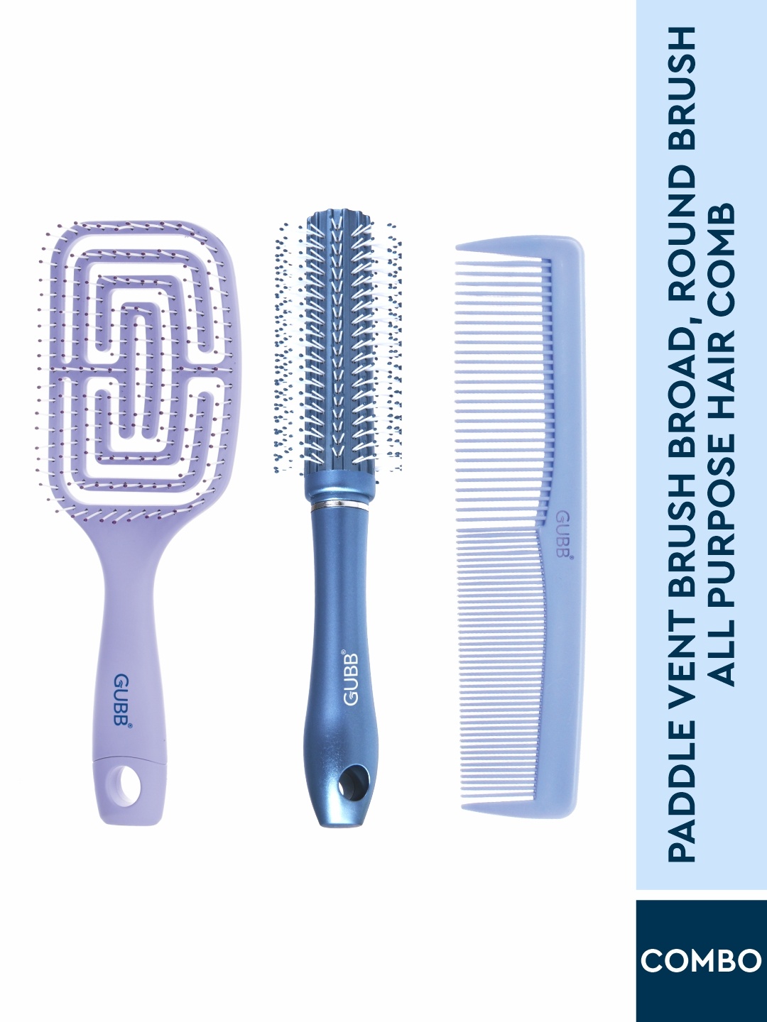 

GUBB Set of Paddle Vent Broad Brush + Round Brush + All Purpose Hair Comb, Blue