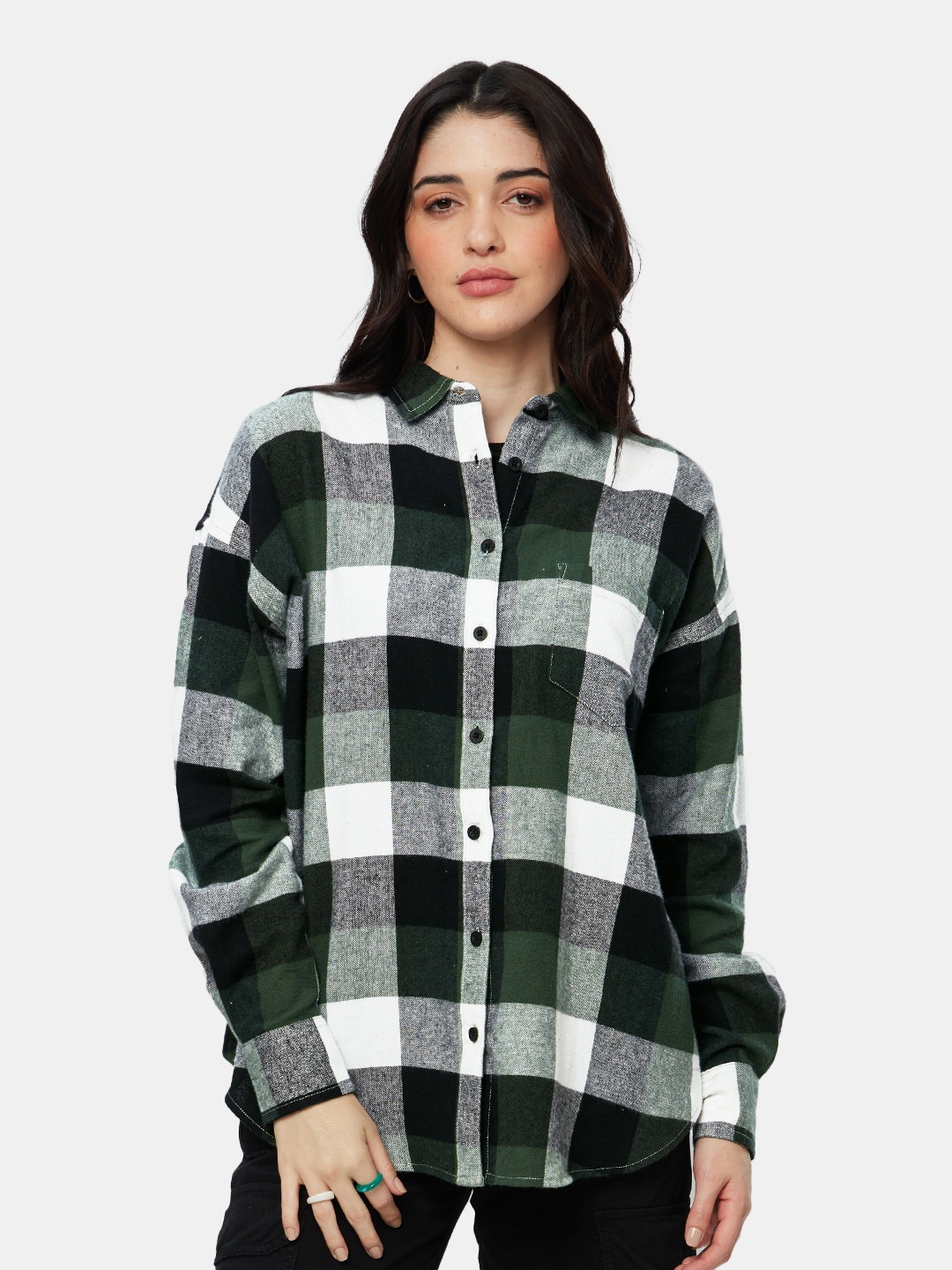 

The Souled Store Boxy Buffalo Checked Cotton Casual Shirt, Green