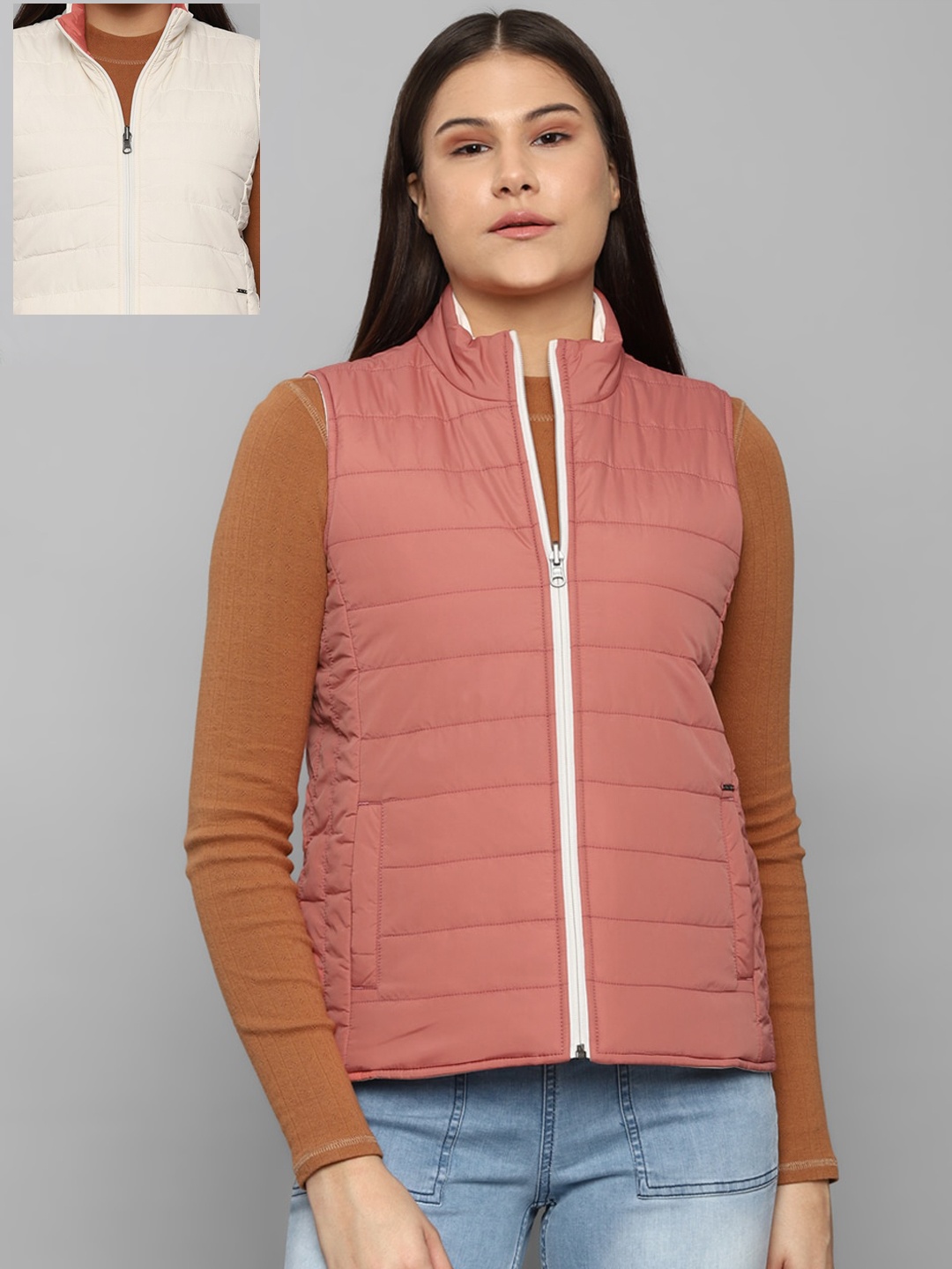 

Allen Solly Woman Stand Collar Sleeveless Cotton Puffer Jacket, Cream