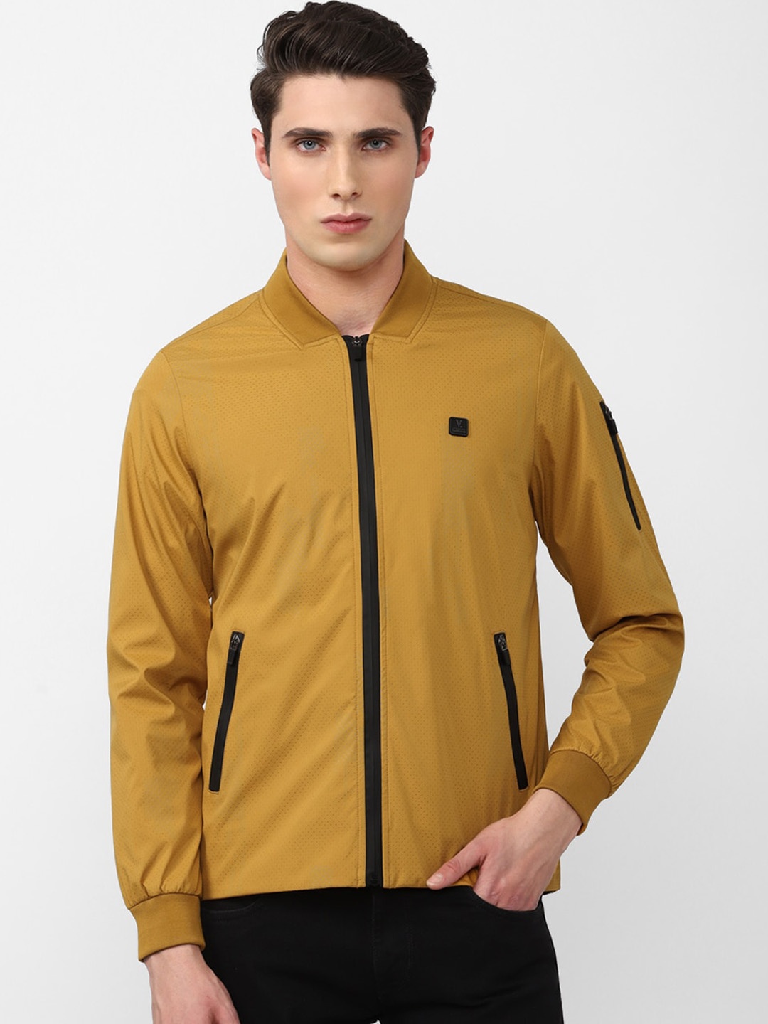 

V Dot Men Sporty Jacket With Zip Detail, Mustard