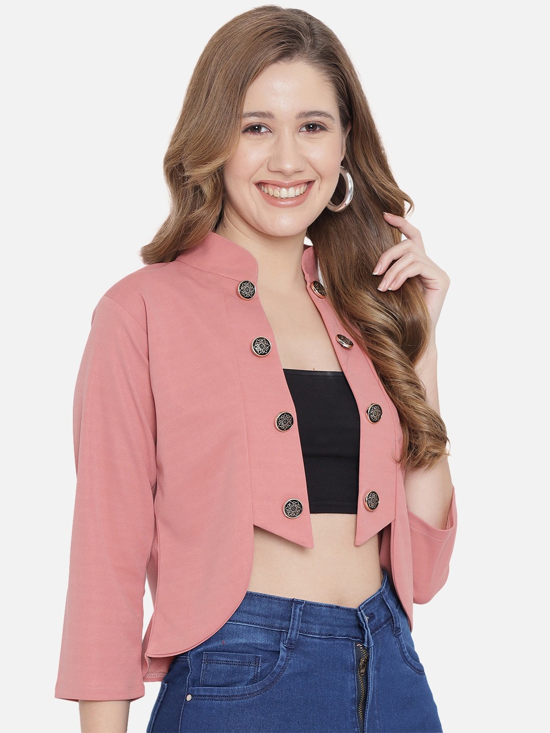 

Purple Feather Women Cropped Open Front Jacket, Pink