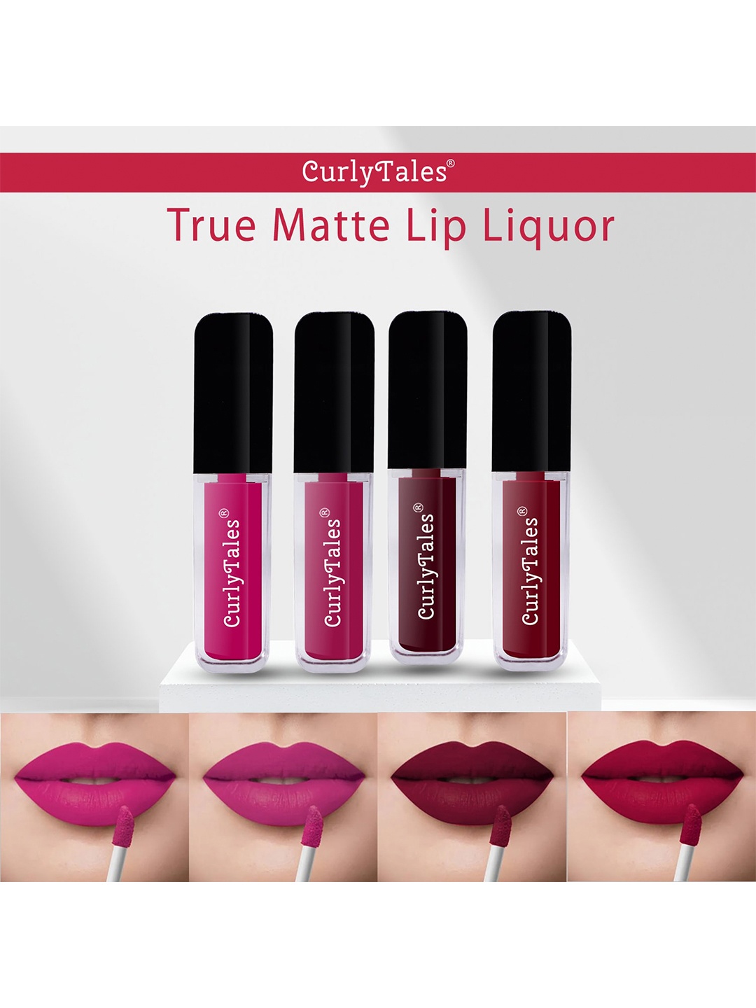 

CurlyTales Set Of 4 Lightweight & Waterproof True Matte Liquid Lipstick - 04, 12, 13, 14, Pink