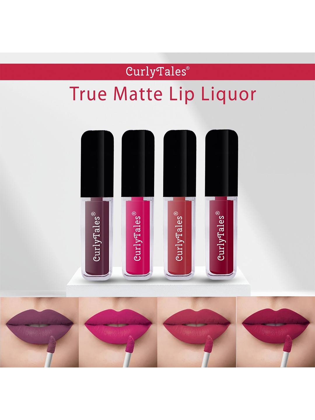 

CurlyTales Set Of 4 Lightweight & Waterproof True Matte Liquid Lipstick - 01+05+06+07, Red